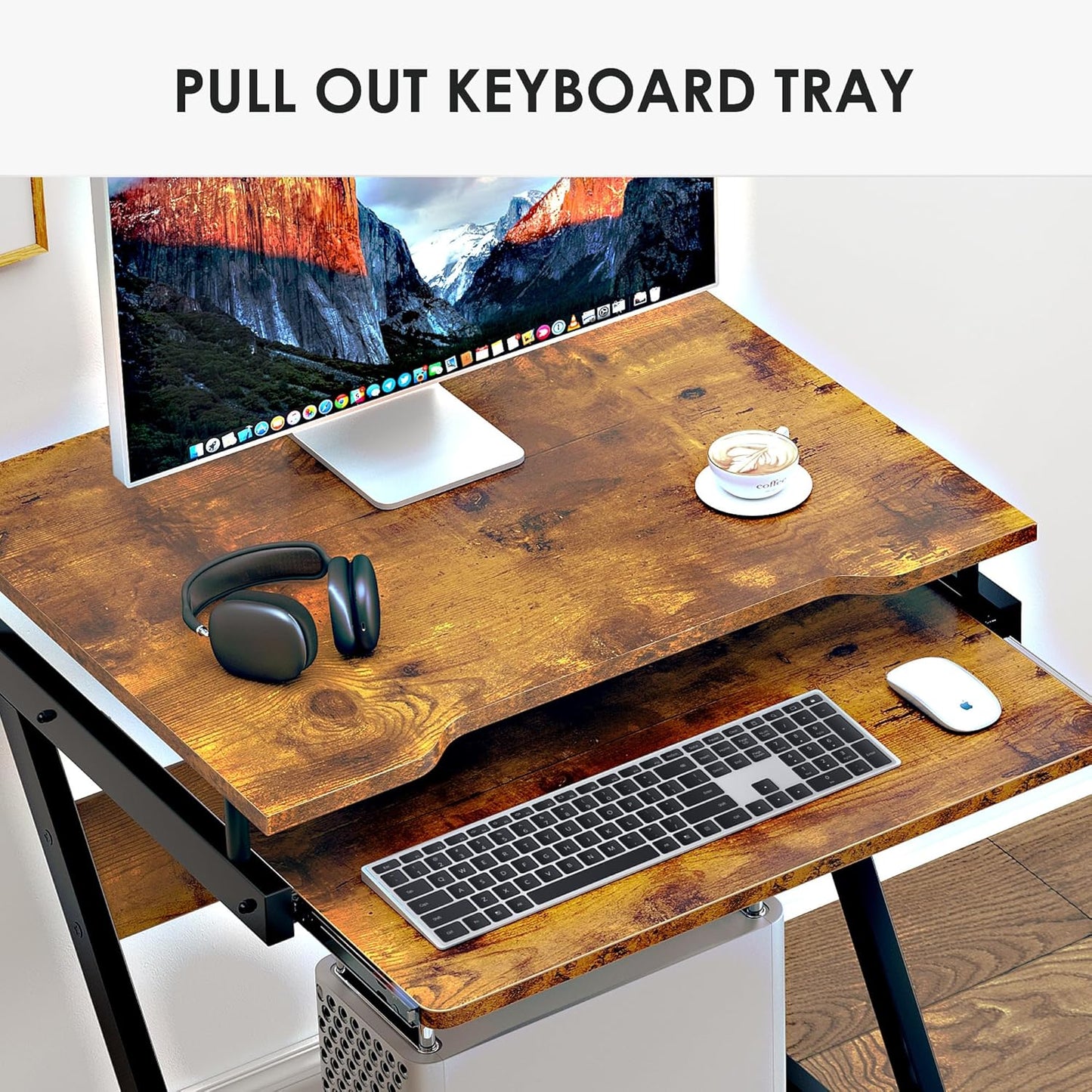 soges Small Rolling Computer Desk, Z Shape Laptop Desk Cart on Wheels, Mobile Computer Workstation for Home and Office with Keyboard Tray, Rustic Brown