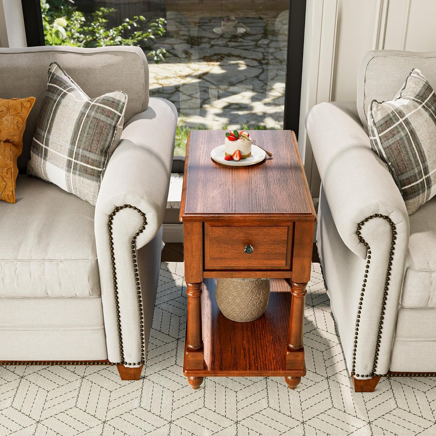 Narrow End Table with Drawer and Open Storage Shelf, Solid Wood Sofa Side Table for Living Room, Beside Table,Telephone Table for Small Spaces, No-Tools Assembly Caramel Brown BBJ004DR