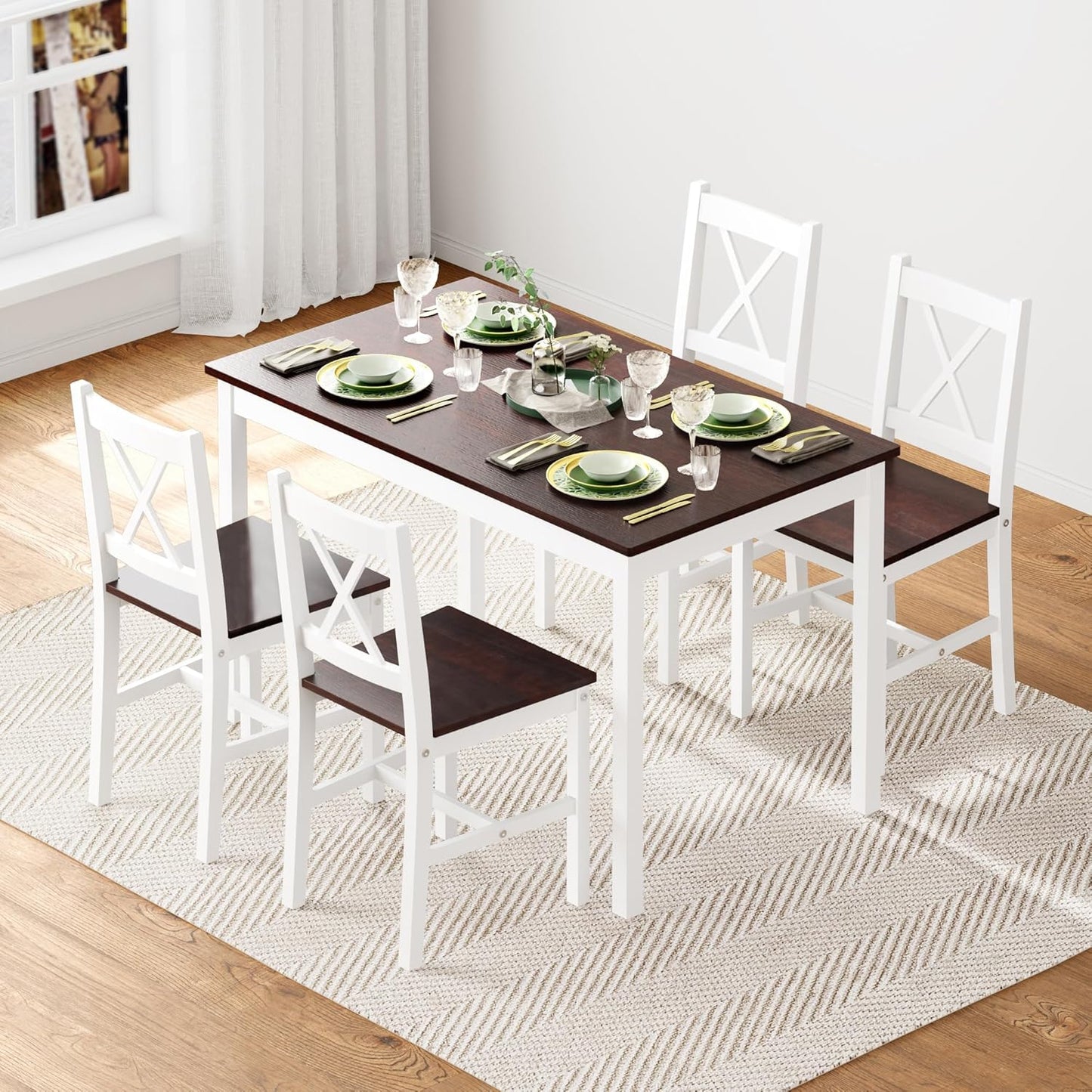 soges Kitchen Dining Table Chairs Set for 4, 42.5 inch Pine Wood Dining Room Table with 4 Chairs, 5-Piece Kitchen Table Chairs Set for Small Space, Apartment, Dinette, Breakfast, Walnut & White