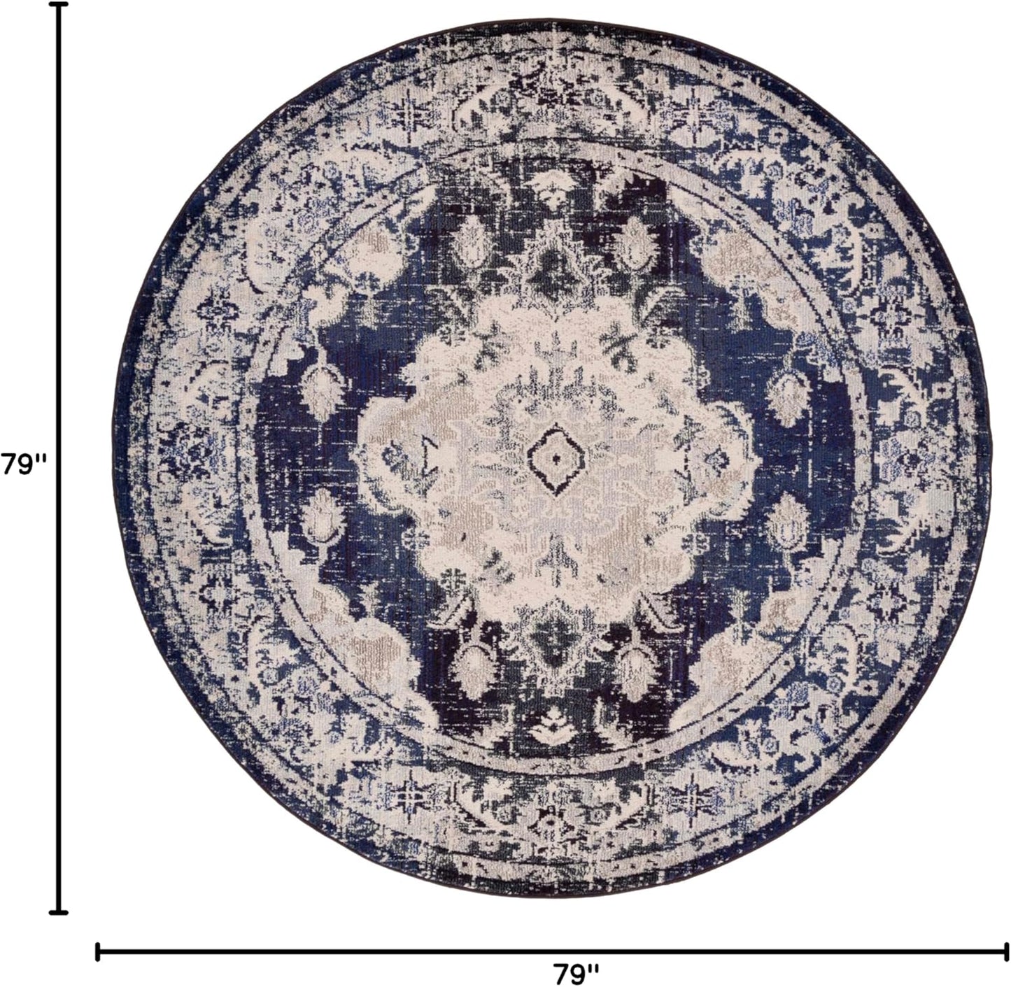 SAFAVIEH Monaco Collection Round Rug - 6'7" Round, Ivory & Navy, Traditional Design, Slip Resistant & Stain Resistant, Ideal for High Traffic Areas in Living Room, Bedroom & Dining Room (MNC243C-7R)