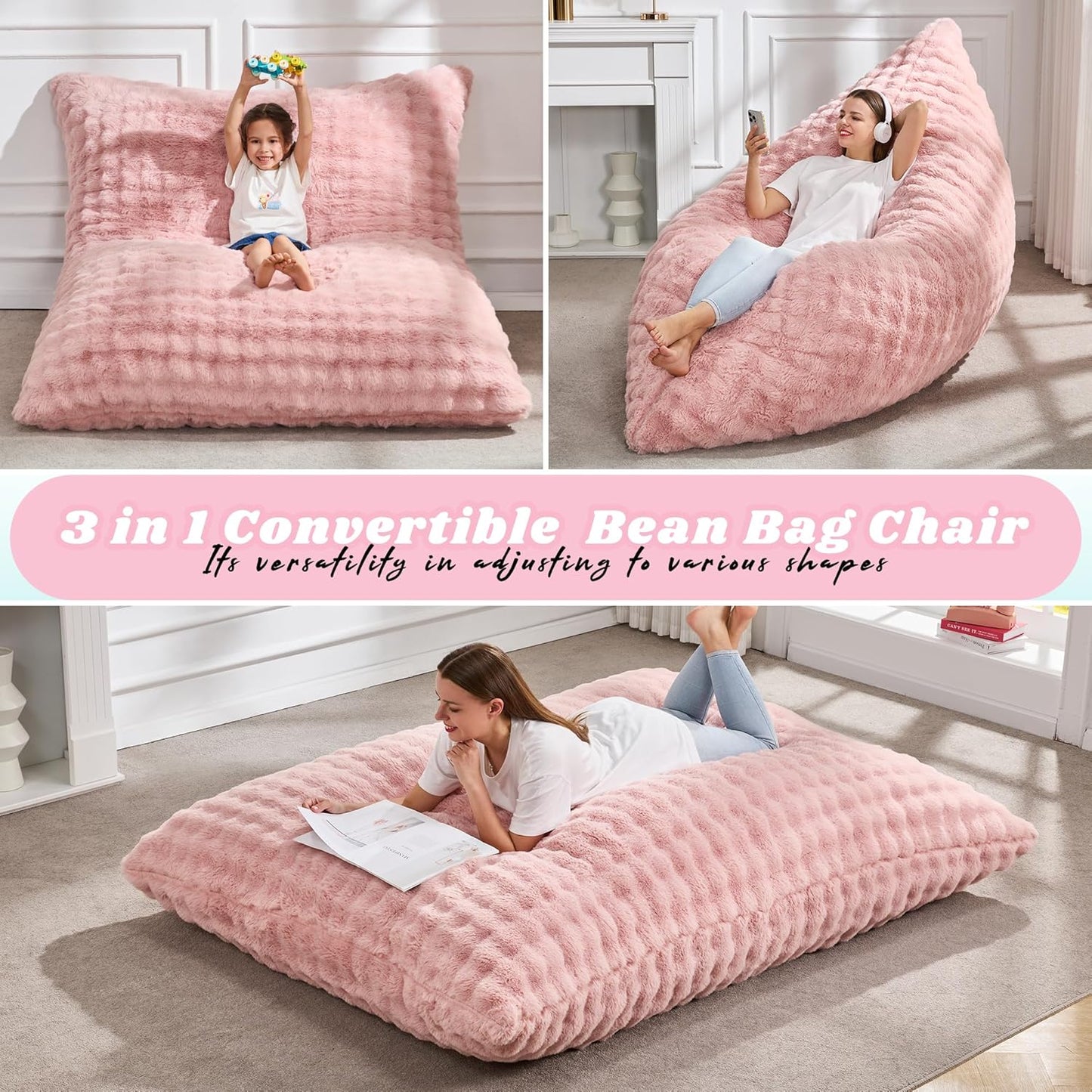 Hobestluk 3 in 1 Bean Bag Chair Giant Bean Bag Chairs for Adults with Bubble Cover Convertible Bean Bag Floor Cushion with Machine Washable Cover for Living Room (Bubble Pink)