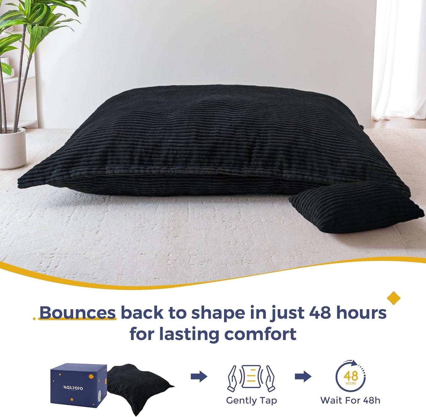 MAXYOYO Giant Bean Bag Chair with Pillow, 3 in 1 Convertible Bean Bag Chair for Adults with Washable Cover, Removable Floor Cushion Stuffed Floor Lounger for Living Room Bedroom, Black, Queen