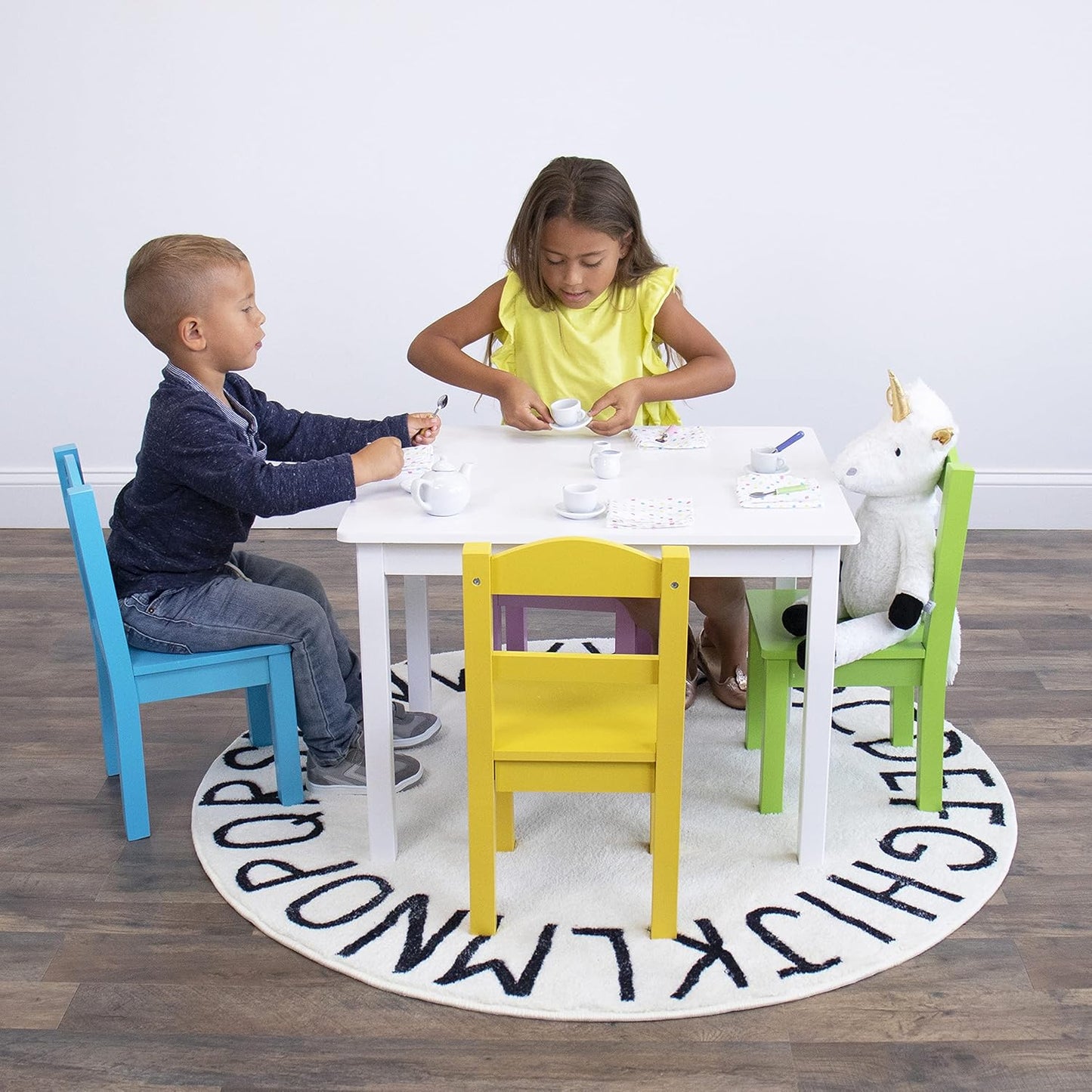 Humble Crew Kids Wooden Table and 4 Chairs Set, White/Pastels - Kids Table and Chair Set for Toddlers and Children for Arts, Crafts, and Snack Time - Sturdy, Durable Toddler Activity Table