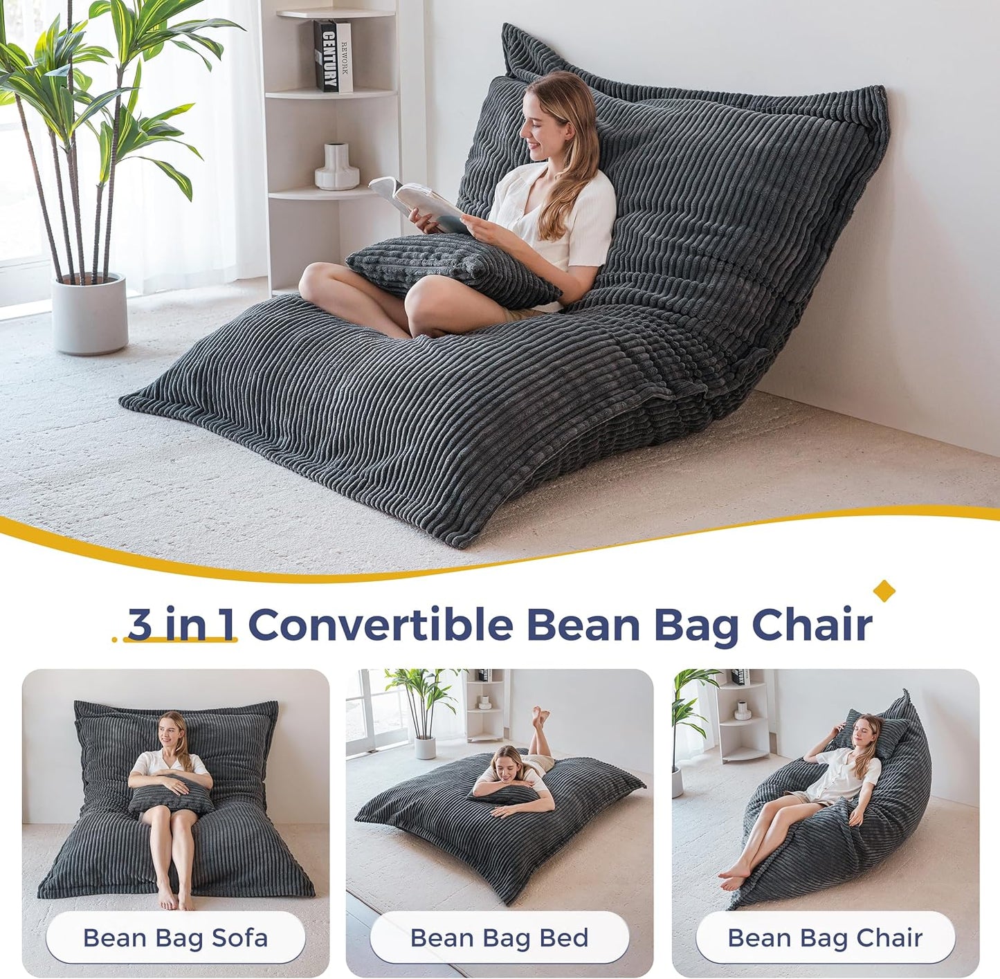 MAXYOYO Giant Bean Bag Chair with Pillow, 3 in 1 Convertible Bean Bag Chair for Adults with Washable Cover, Removable Floor Cushion Stuffed Floor Lounger for Living Room Bedroom, Dark Grey, Queen