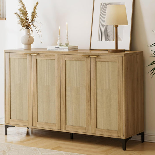 Sideboard - Buffet Cabinet with Storage, Rattan Storage with 4 Doors and Adjustable Shelves, Accent with Metal Feet, Sideboard Cabinet for Living Room (Natural)