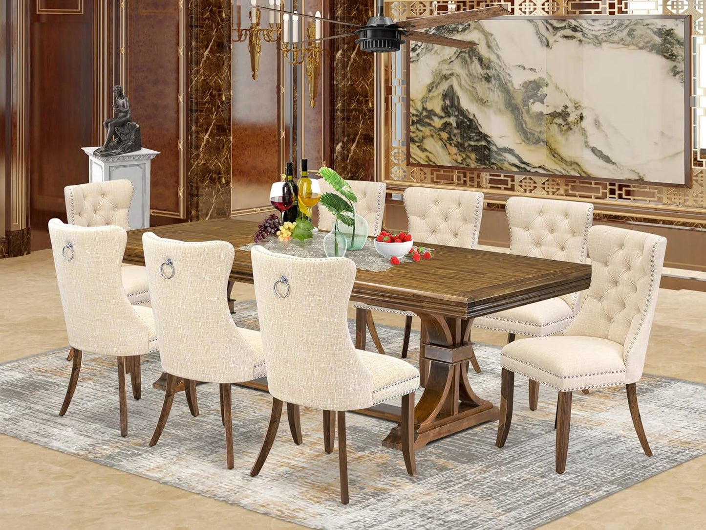 NEDA9-AWA-32 9-Piece Xtenczar Dining Table Set Includes a Rectangle Table and 8 Light Beige Polyester Fabric Dining Chairs, 44x100 Inch, Antique Walnut