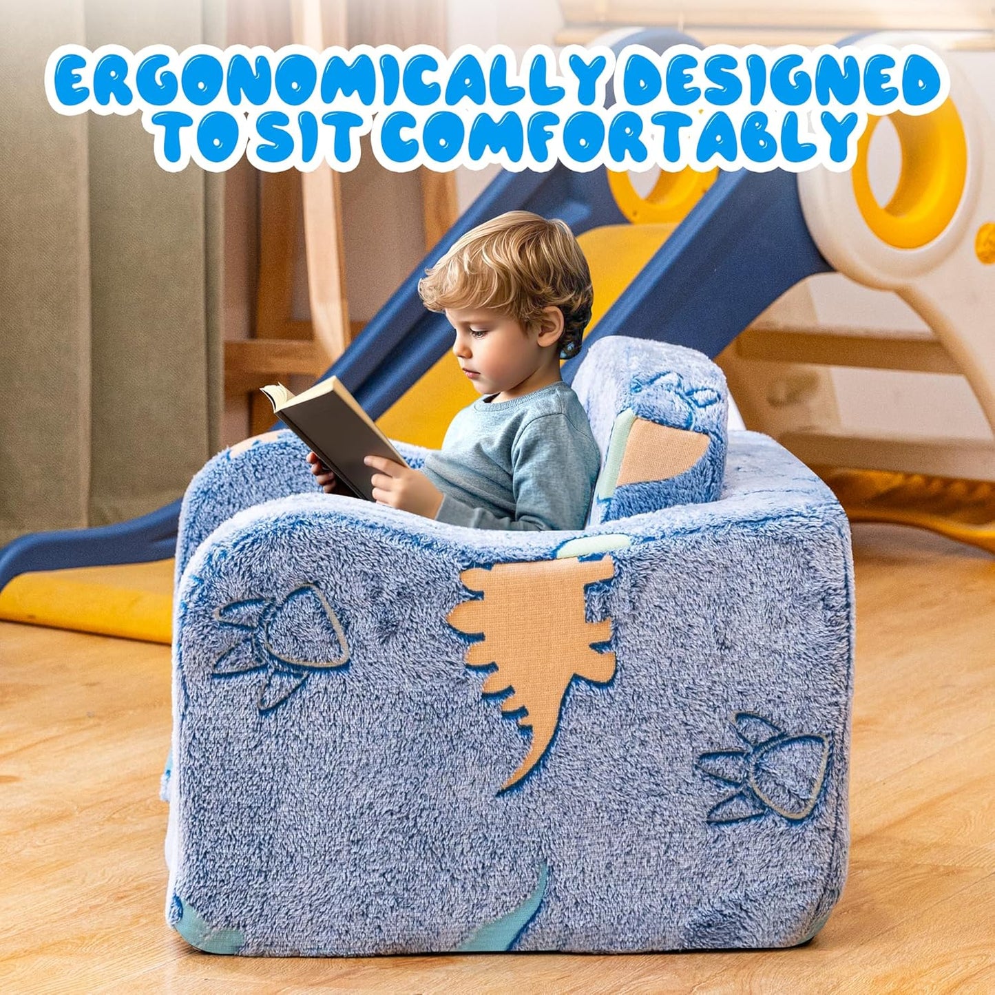 Lamerge 2-in-1 Toddler Couch,Glow in The Dark Baby Floor Bed,Foldable Toddler Chair Kids Sofa for playroom,Convertible Sofa to Lounger for Girls and Boys (Blue and Dinosaur)