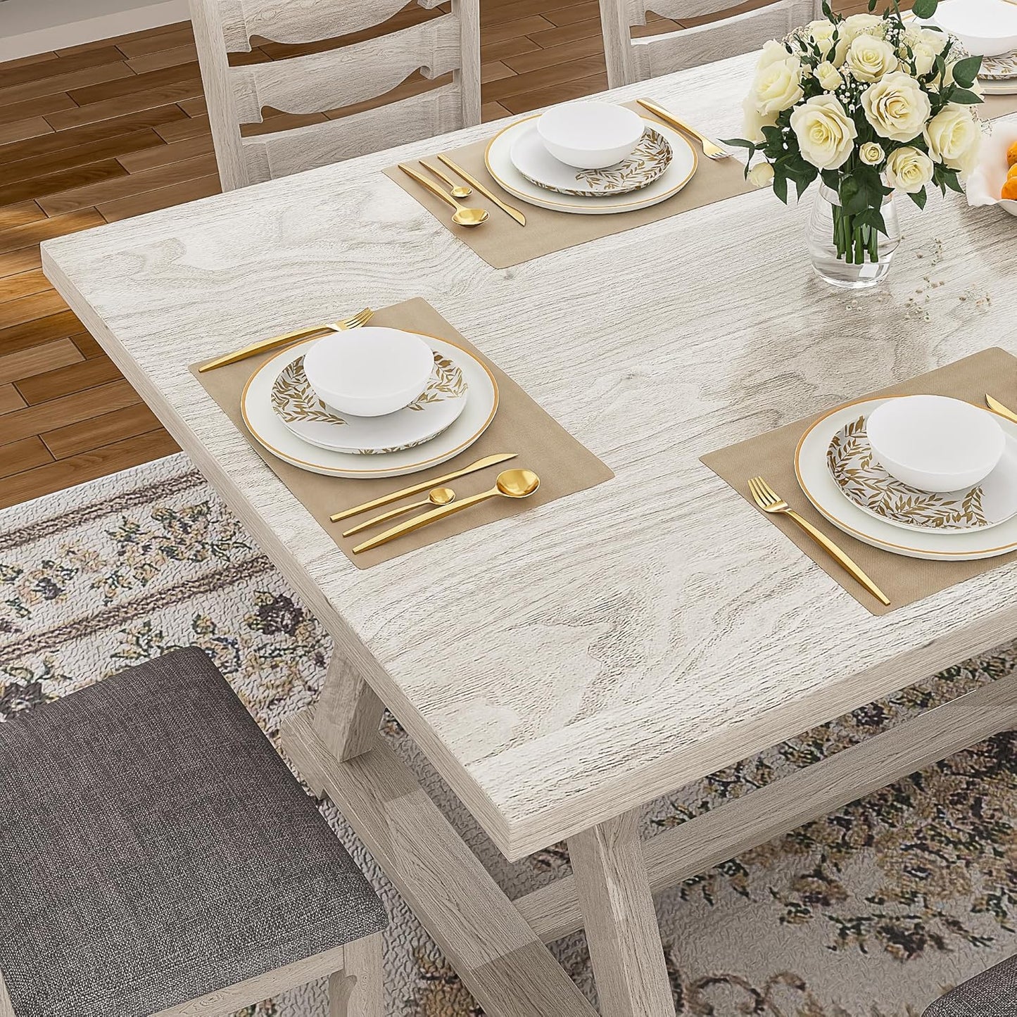 7-Piece Solid Wood Dining Table Set with 6 Upholstered Chairs - Modern Design for Kitchen & Small Spaces, for Dining Room, Kitchen, Washed Gray