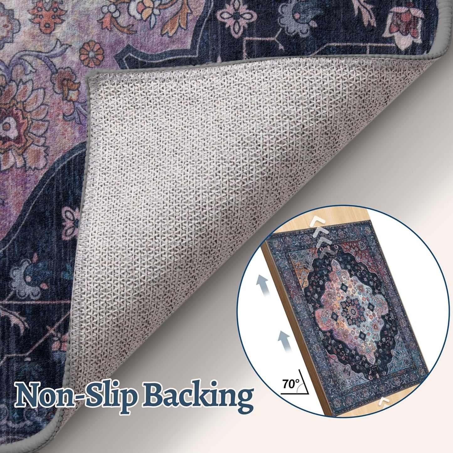 Tangsoo 4x6 Vintage Area Rug with Non Slip Backing, Machine Washable Rug Low Pile Living Room Rugs for Bedroom, Dining Room, Office, Navy/Multi Print Distressed Floor Carpets