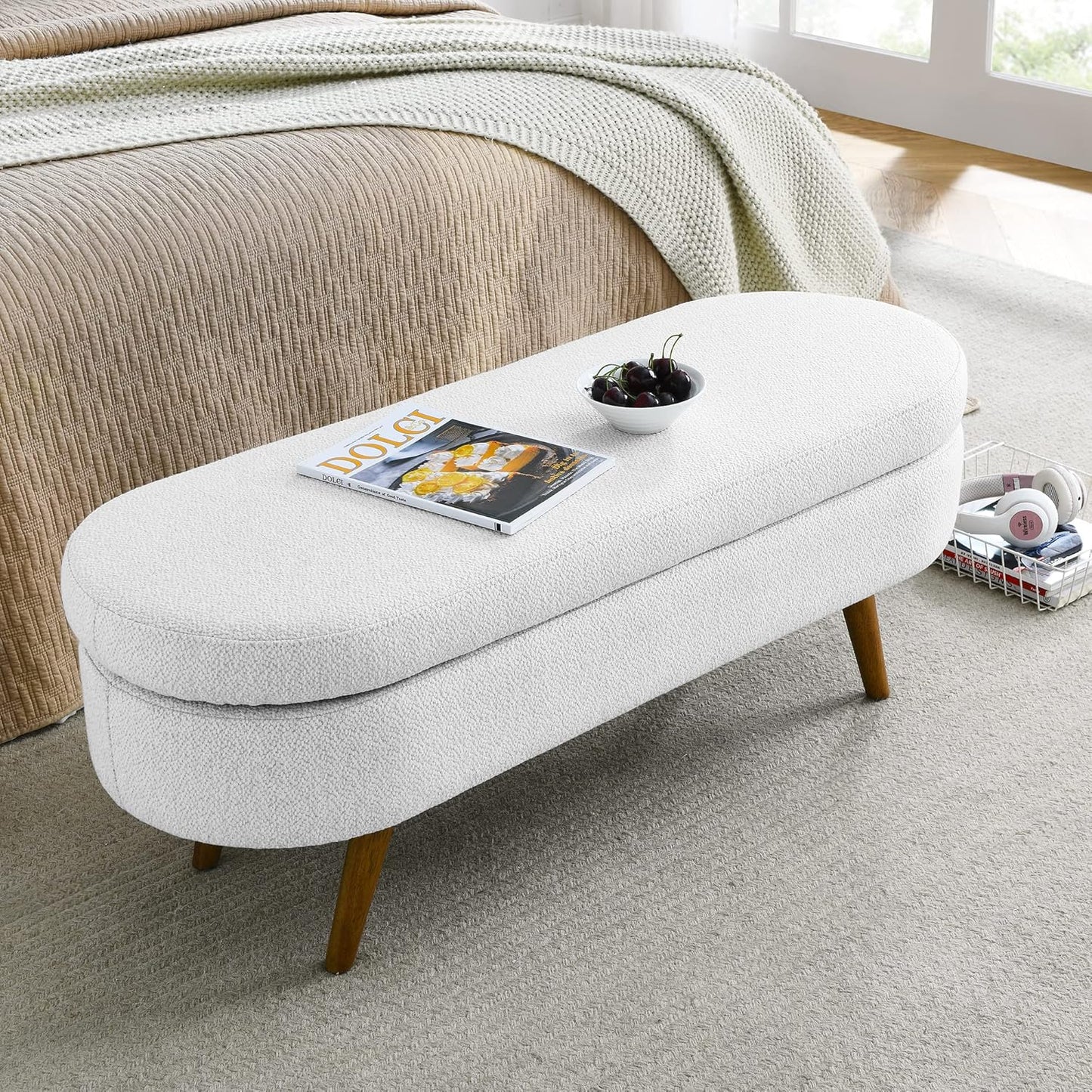Ottoman Oval Storage Bench with Rubber Wood Legs,Linen Fabric Storage Footstool,for Bedroom, Entryway, Living Room, White(43.5"x16"x16")
