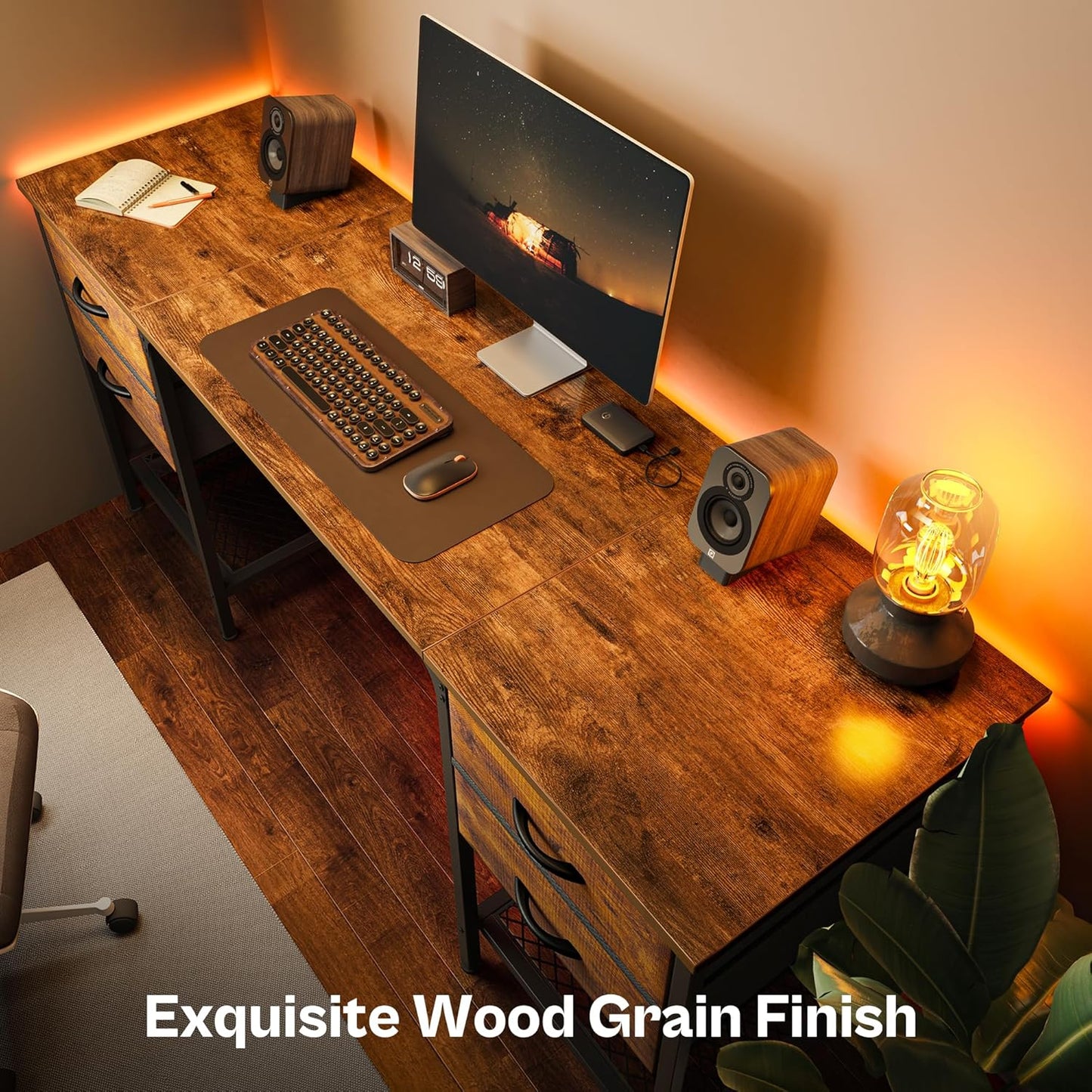 Huuger 63 Inch Computer Desk with 4 Drawers and Mesh Shelf, Gaming and Work Desk for Home Office, Study, Bedroom, Work from Home, Rustic Brown