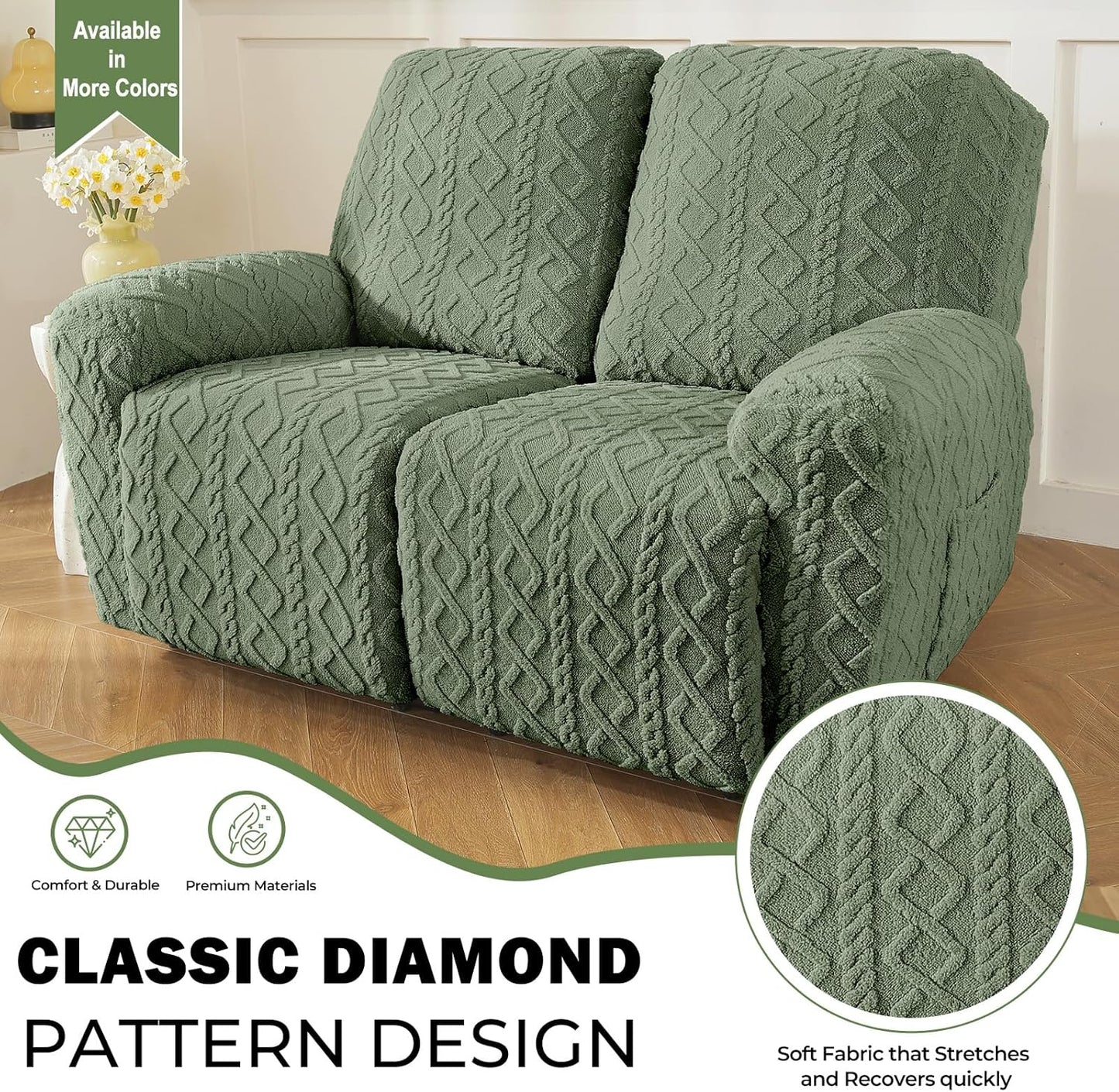 vctops 6 Pieces Geometric Jacquard Plush Recliner Loveseat Slipcovers Soft Fuzzy Fluffy Sofa Couch Cover Anti-Slip Furniture Protector with Elastic Bottom for Kids Cats Dogs(Green,2 Seat)