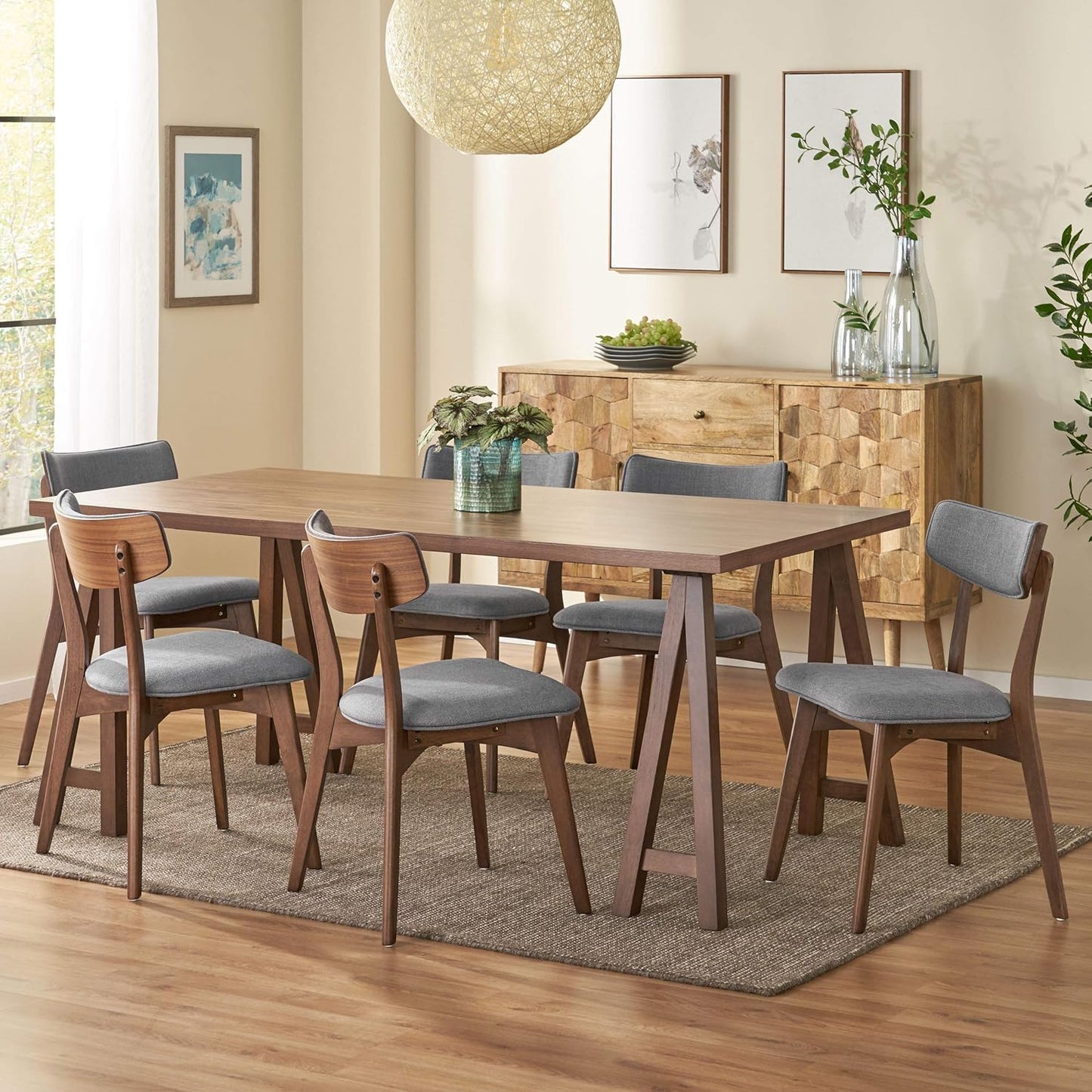 Christopher Knight Home Abraham Mid-Century Modern 7 Piece Dining Set with A-Frame Table, Dark Gray + Walnut