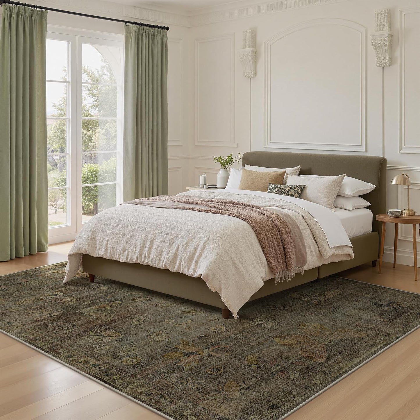 GENIMO 6x9 Area Rugs for Living Room, Machine Washable Non Slip Vintage Rugs, Low Pile Lightweight Chenille Print Rug for Bedroom, Dining Room, Home Office, Moss Taupe