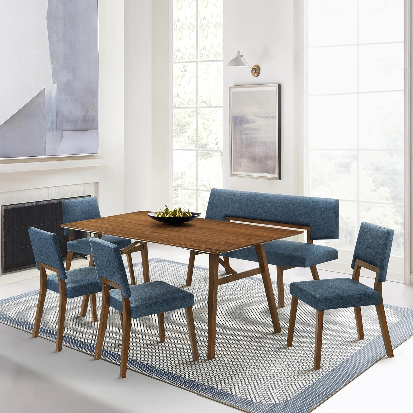 Armen Living Channell Mid Century Modern 6 Piece Walnut Wood Dining Table Set with Bench in Blue Fabric