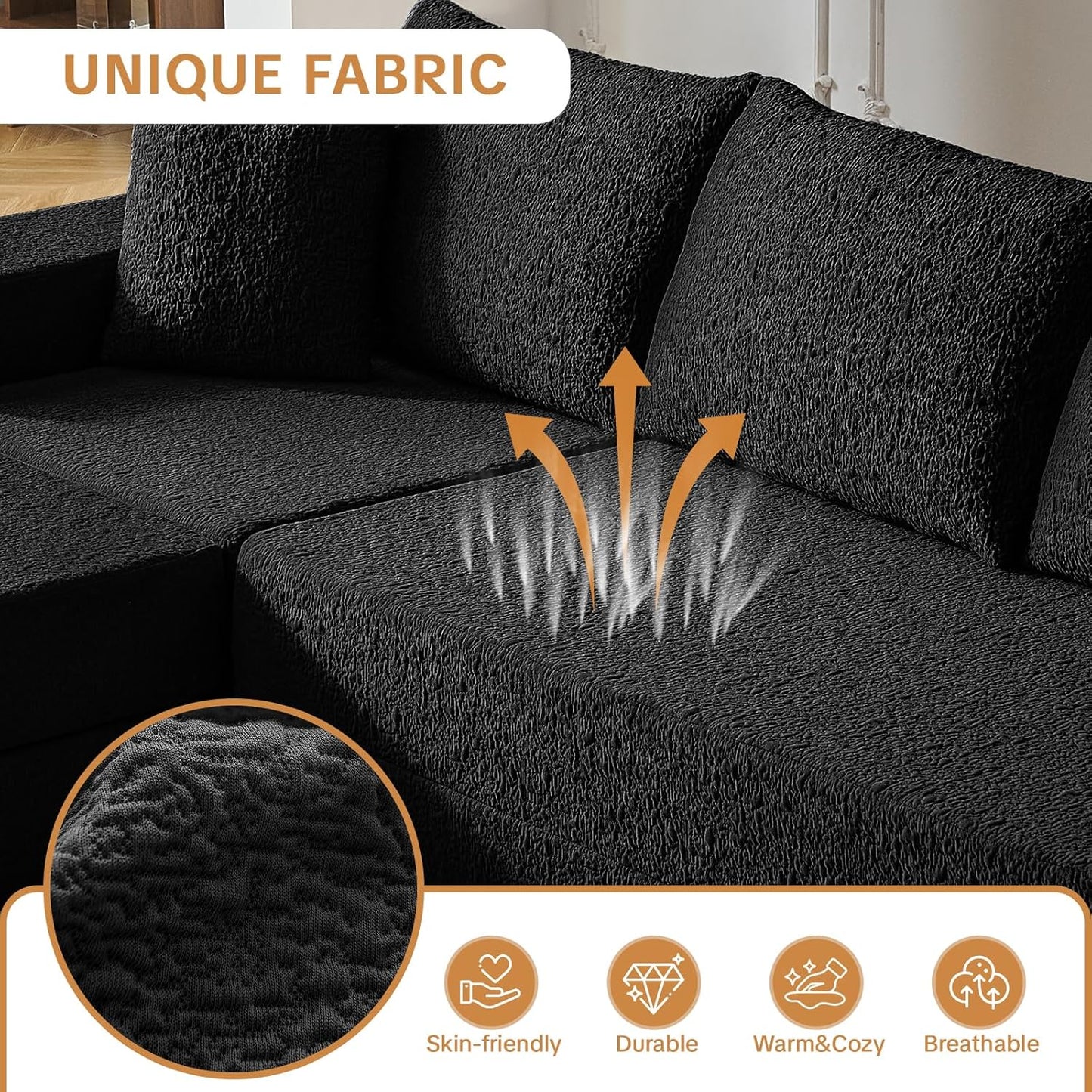 108" Modular Sectional Cloud Sofa - Boneless Couch with Deep Seat, Non Slip Base, Folding Sofa Sectional Couches for Living Room, Cozy Modular Couch with L-Shape Chaise, No Assembly Required, Black