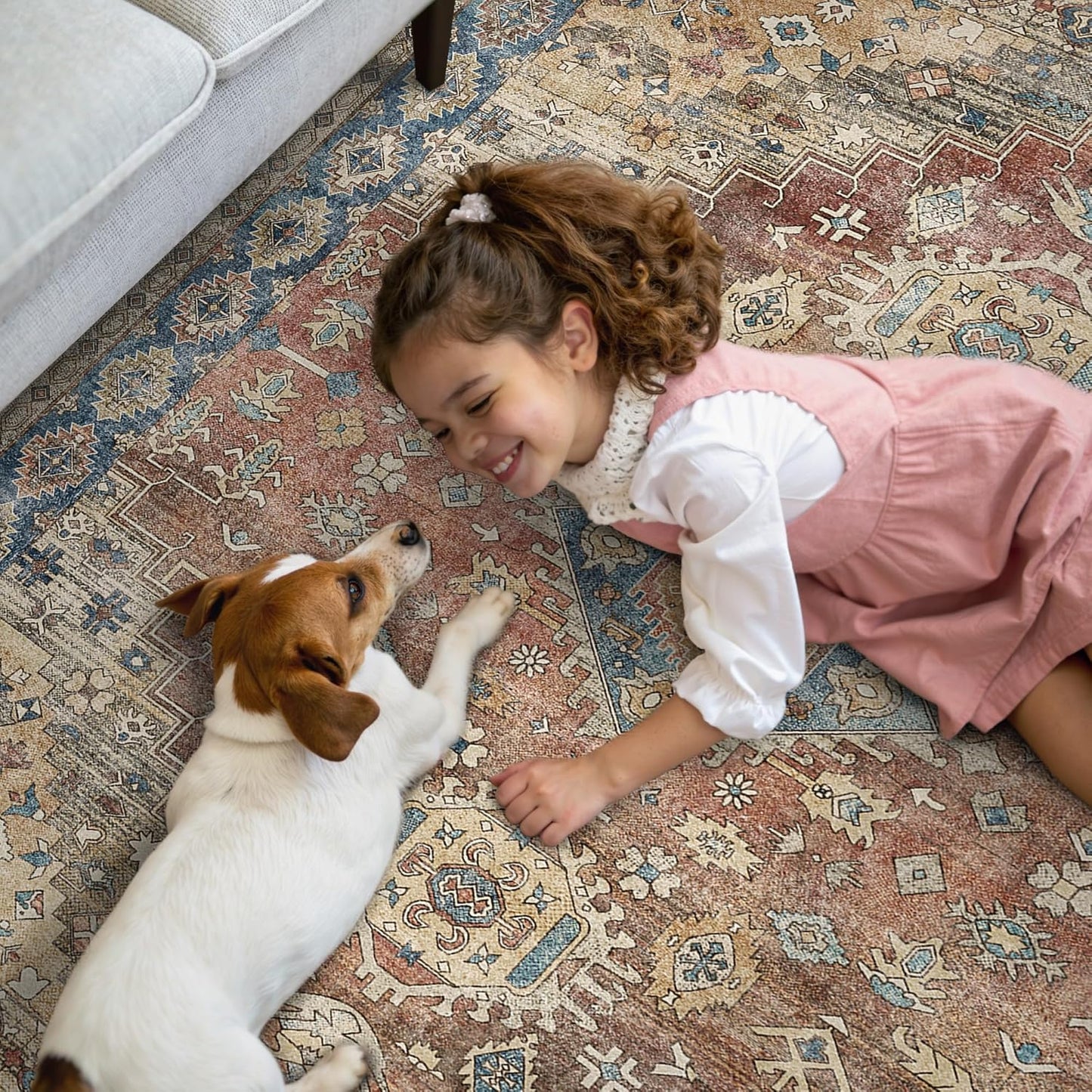 GENIMO 10x12 Area Rugs for Living Room, Machine Washable Non Slip Vintage Rugs, Low Pile Lightweight Chenille Print Rug for Bedroom, Dining Room, Home Office, Antique Red