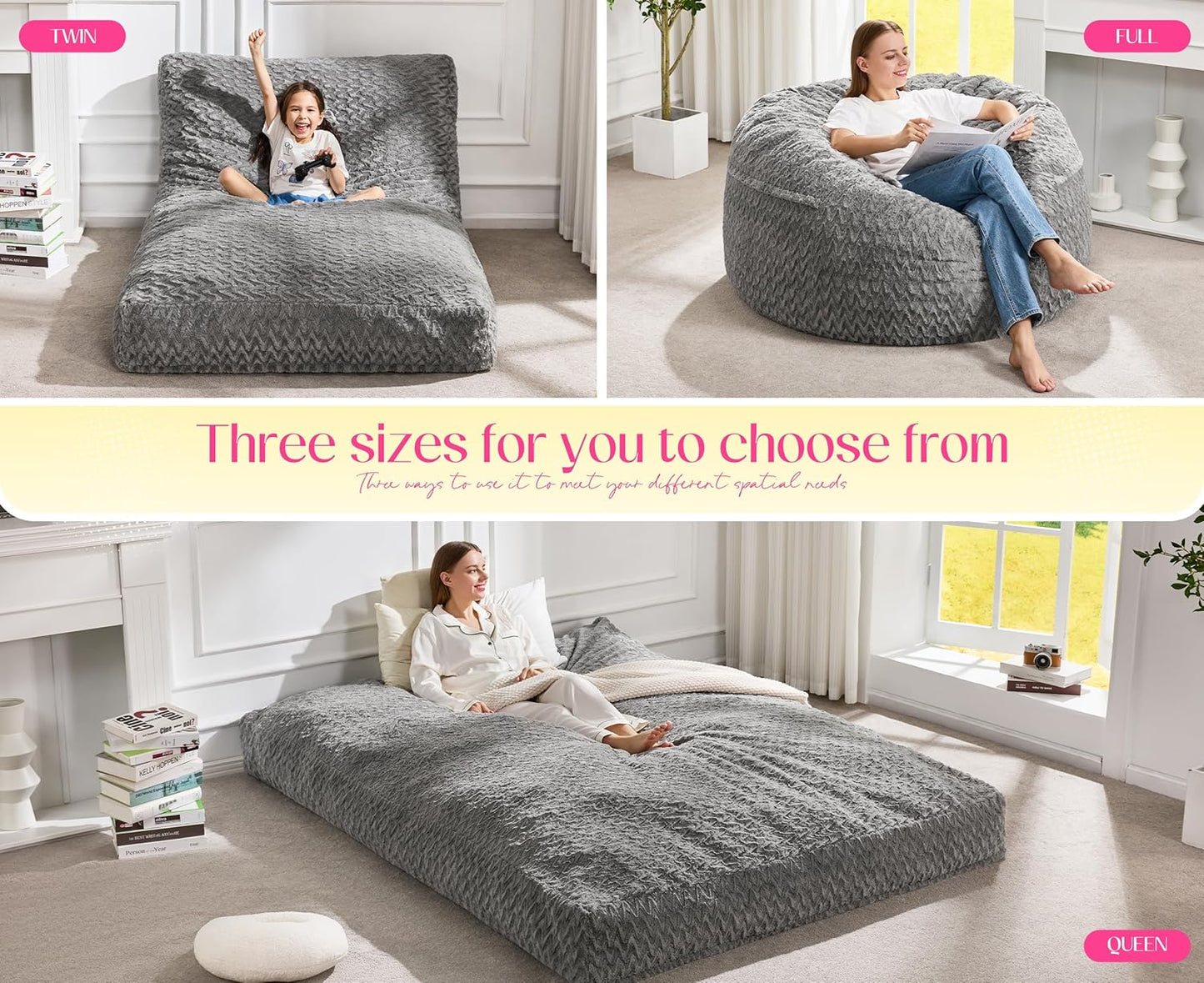 Hobestluk Bean Bag Chair Convertible Beanbag Chairs for Adults, 3 in 1 Bean Bags with Plush Chevron Cover, Adult Bean Bag Chair for Living Room, Bedroom (Grey, Queen)