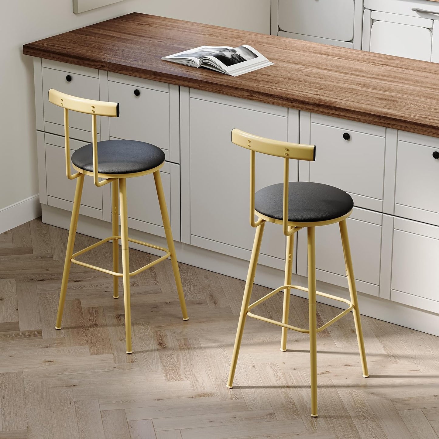Bar Stools, Set of 2 High Kitchen Barstools, Bar Chairs with Backrest and Footrest, Industrial Counter Stools with PU Soft seat, for Kitchen, Living Room, Pub, Gold Color BS-012GC