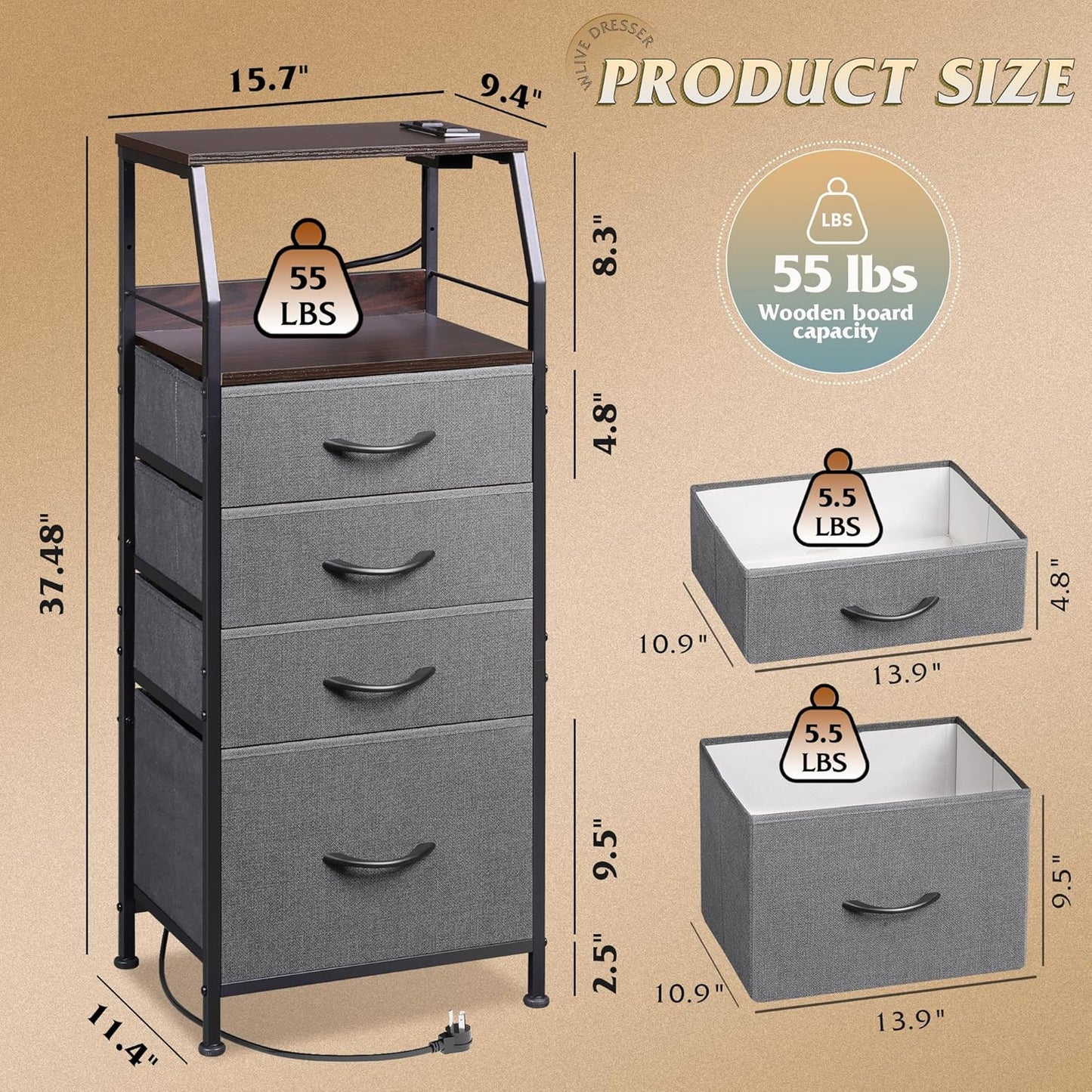 WLIVE Nightstand with Charging Station, Night Stand with LED Light, Tall 4 Drawer Dresser for Bedroom, 37" H Bedside Table with Fabric Storage Bins, Open Wood Shelf, Metal Frame, Dark Grey