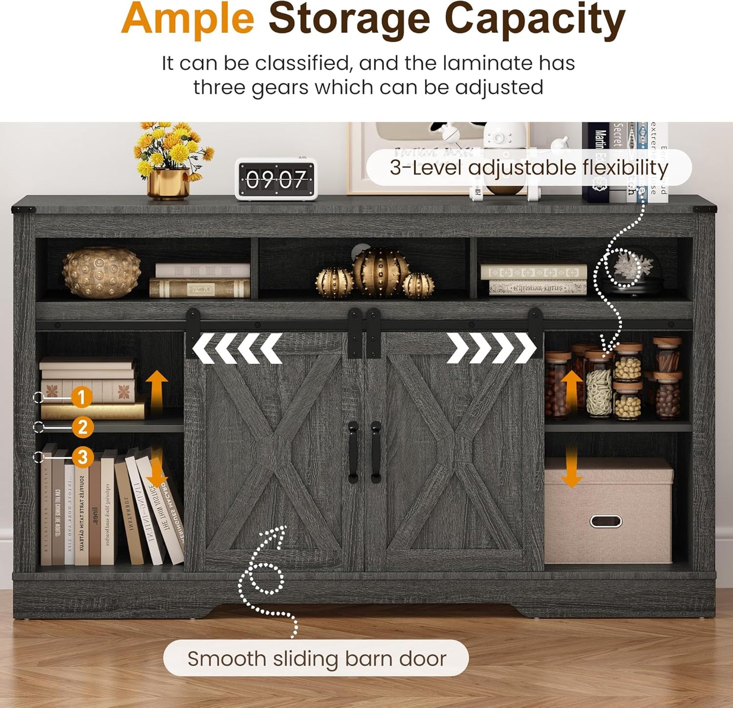 RoyalCraft Farmhouse Fireplace TV Stand for 65+ Inch TV, Entertainment Center with 23" Electric Fireplace with Remote, 34 Tall Modern Rustic TV Console with Sliding Bar Door for Living Room, Dark Grey