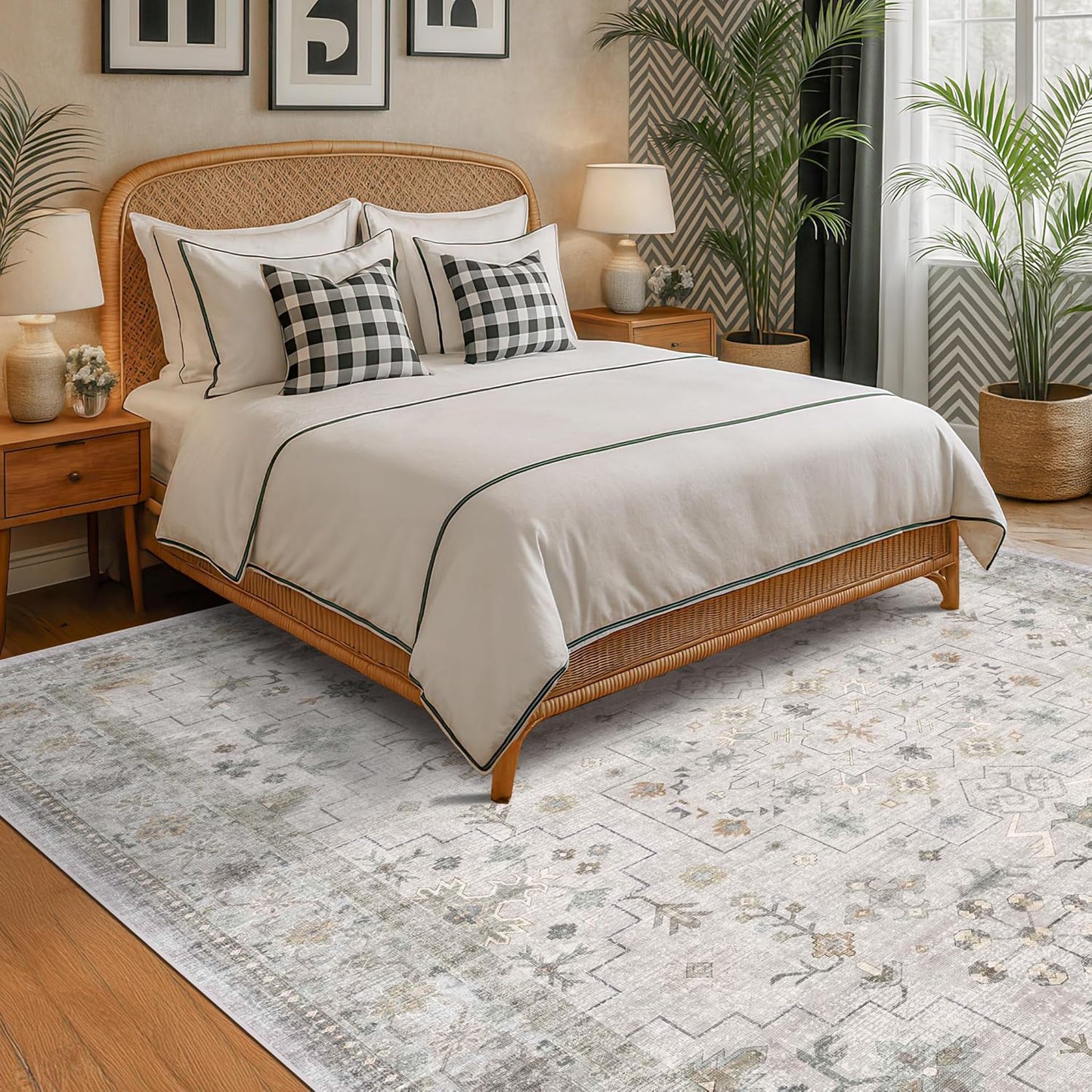 Boho Light Grey Living Room Rug 7x10 - Modern Vintage Eclectic Floral Pastel Neutral Taupe, Washable Low Pile Non-Slip Large Area Rugs for Dining Under Table Bedroom Lounge