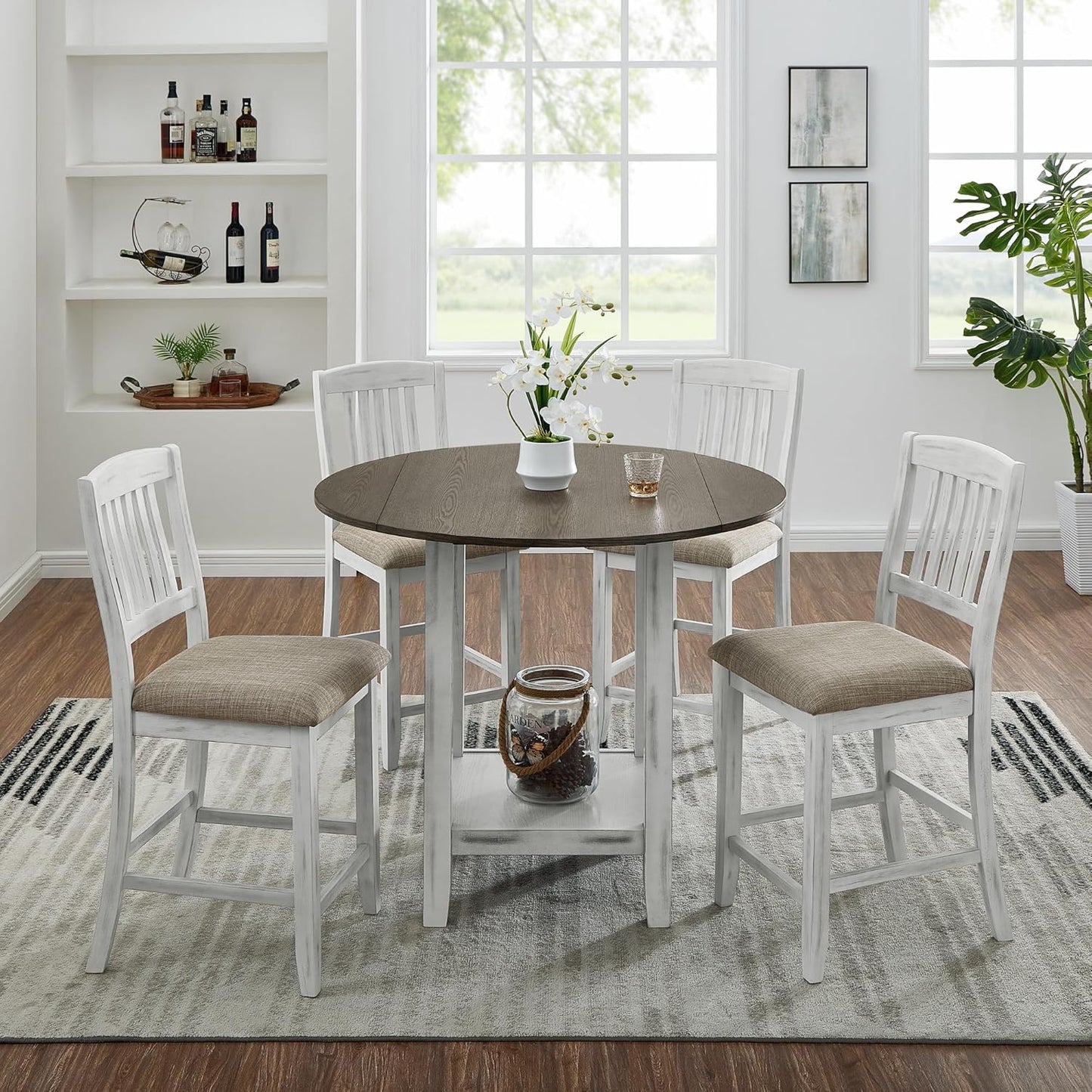 Ball & Cast 5 Pieces Dining Table Set with 4 Chairs and 42" Round Drop Leaf Dining Table,Kitchen Table and Chairs for 4 W/Trestle Table Base,for Small Space,Apartment,Dining Room,Brown White