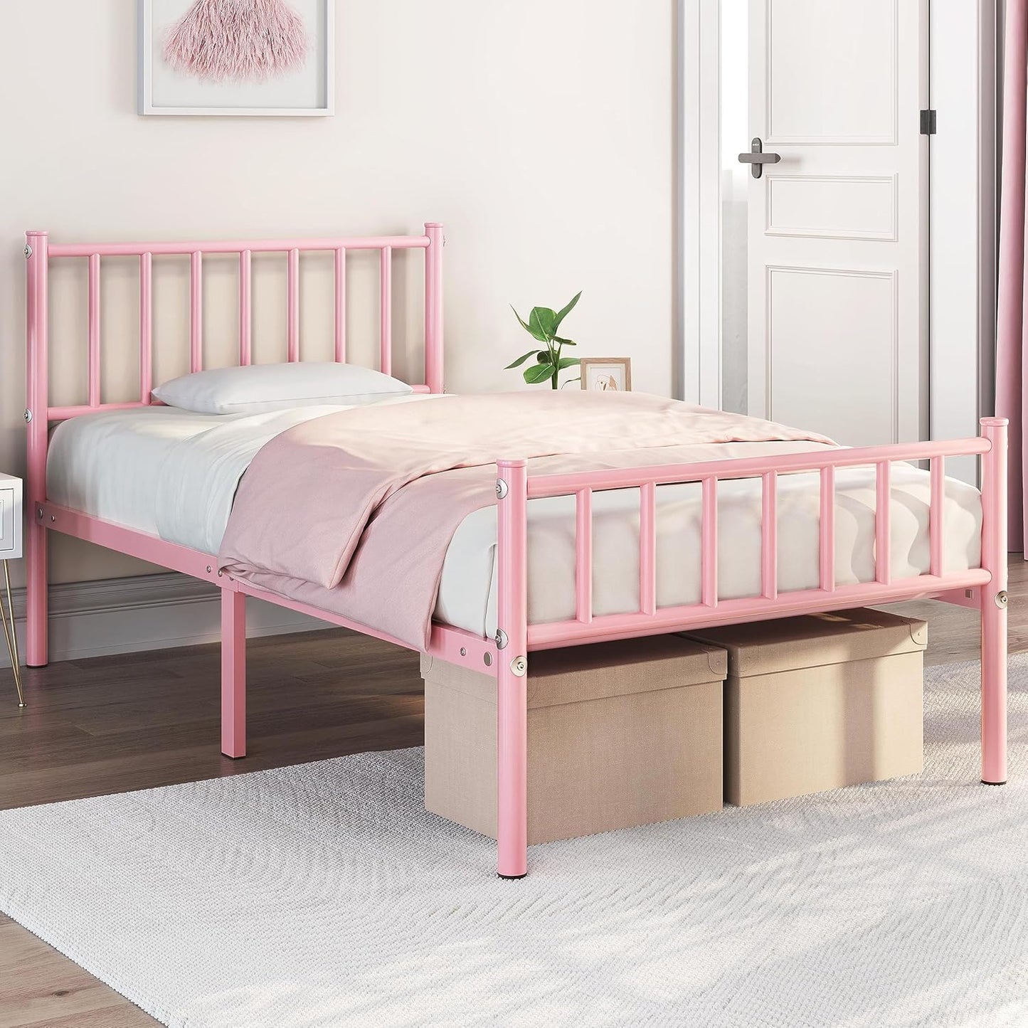Yaheetech Twin Size Bed Frame Metal Platform Bed Frame Mattress Foundation with Spindle Headboard & Footboard/No Box Spring Needed/14 Inch Underbed Storage/Firm Support & Easy Set up Structure, Pink