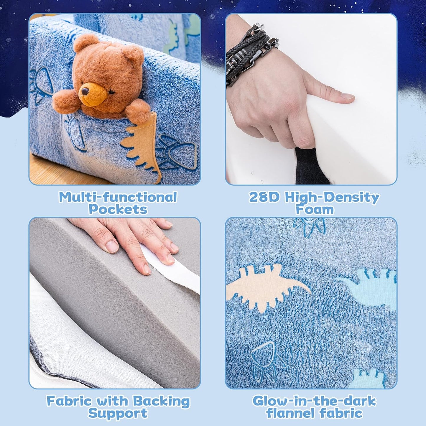 Lamerge 2-in-1 Soft Toddler Couch Fold Out,Foldable Toddler Chair, Glow in The Dark Kids Sofa for playroom,Convertible Foam and Floor Cushion for Boys and Girls (Blue and Dinosaur)