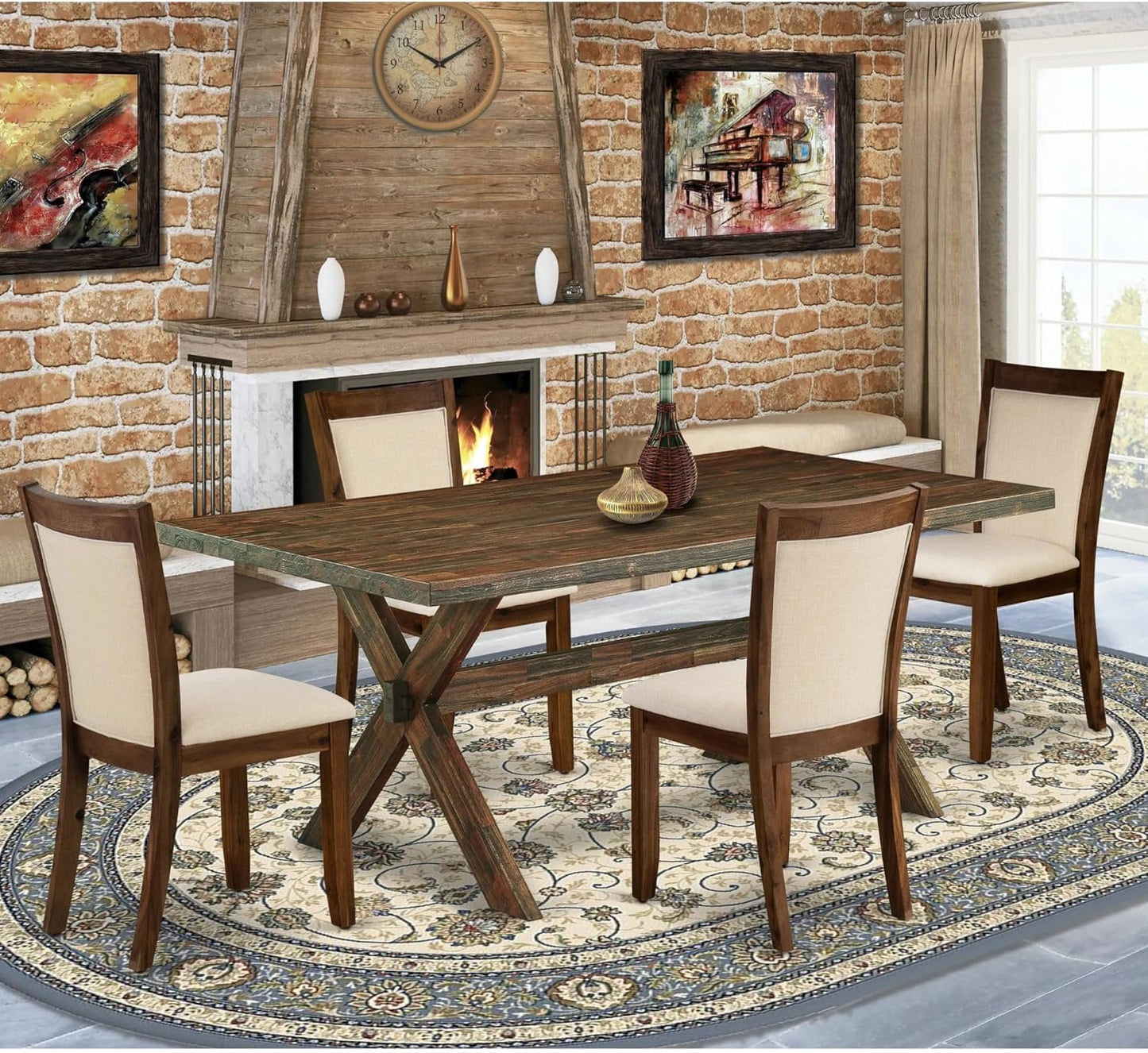 East West Furniture X777MZN32-5 5 Piece Kitchen Table & Chairs Set Includes a Rectangle Dining Room Table with X-Legs and 4 Light Beige Linen Fabric Parsons Chairs, 40x72 Inch, Multi-Color