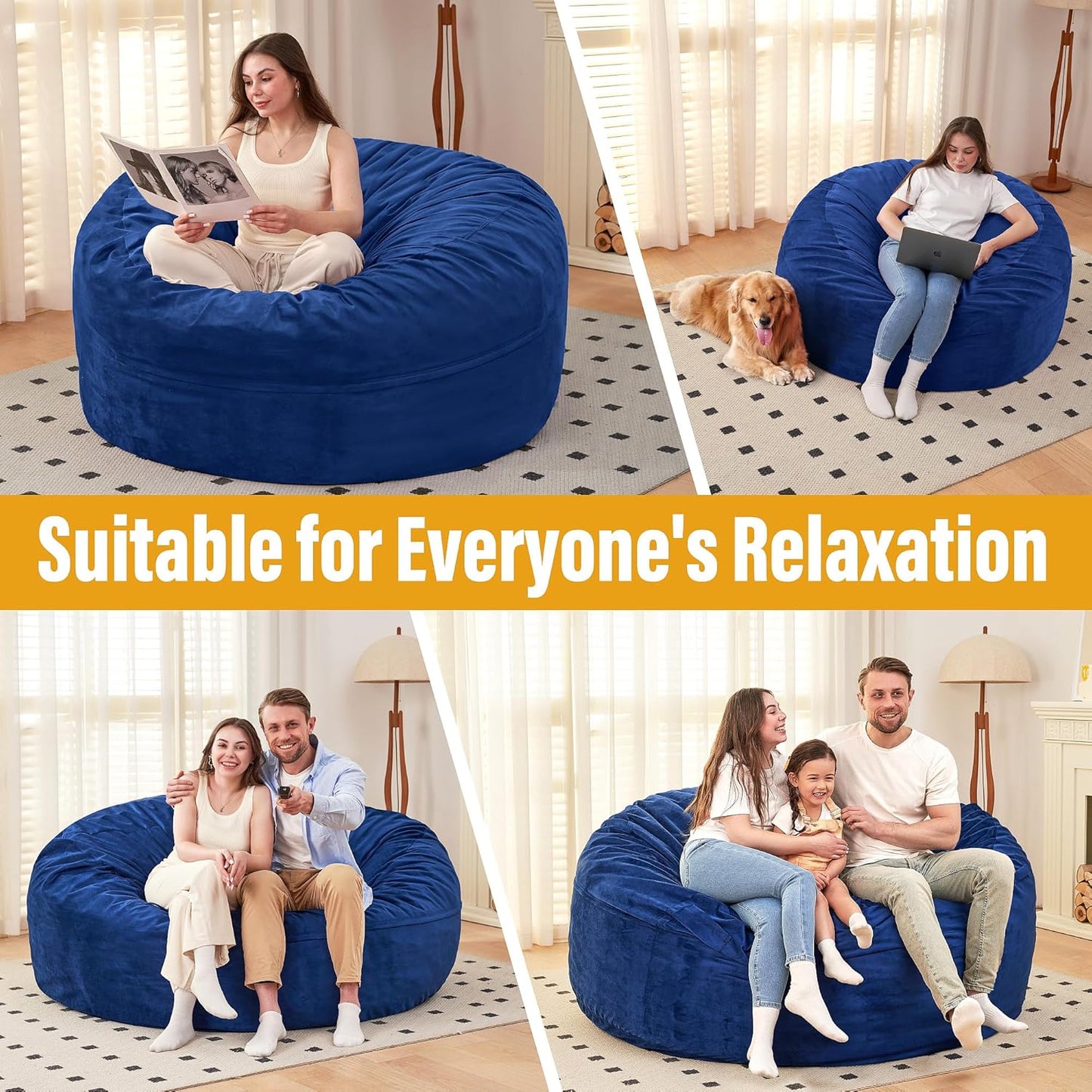 HABUTWAY Bean Bag Chair: Giant 6' Memory Foam Furniture Bean Bag Chair with Microfiber Cover - 6Ft,Blue