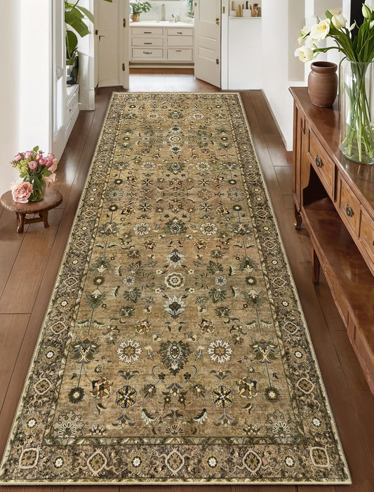 2x10 Hallway Runner Rug, Washable Non-Slip Vintage Floral Boho Runner Rug for Hallway Entryway Indoor, Brown Print Carpet,Soft Low Pile Long for Kitchen Bedroom