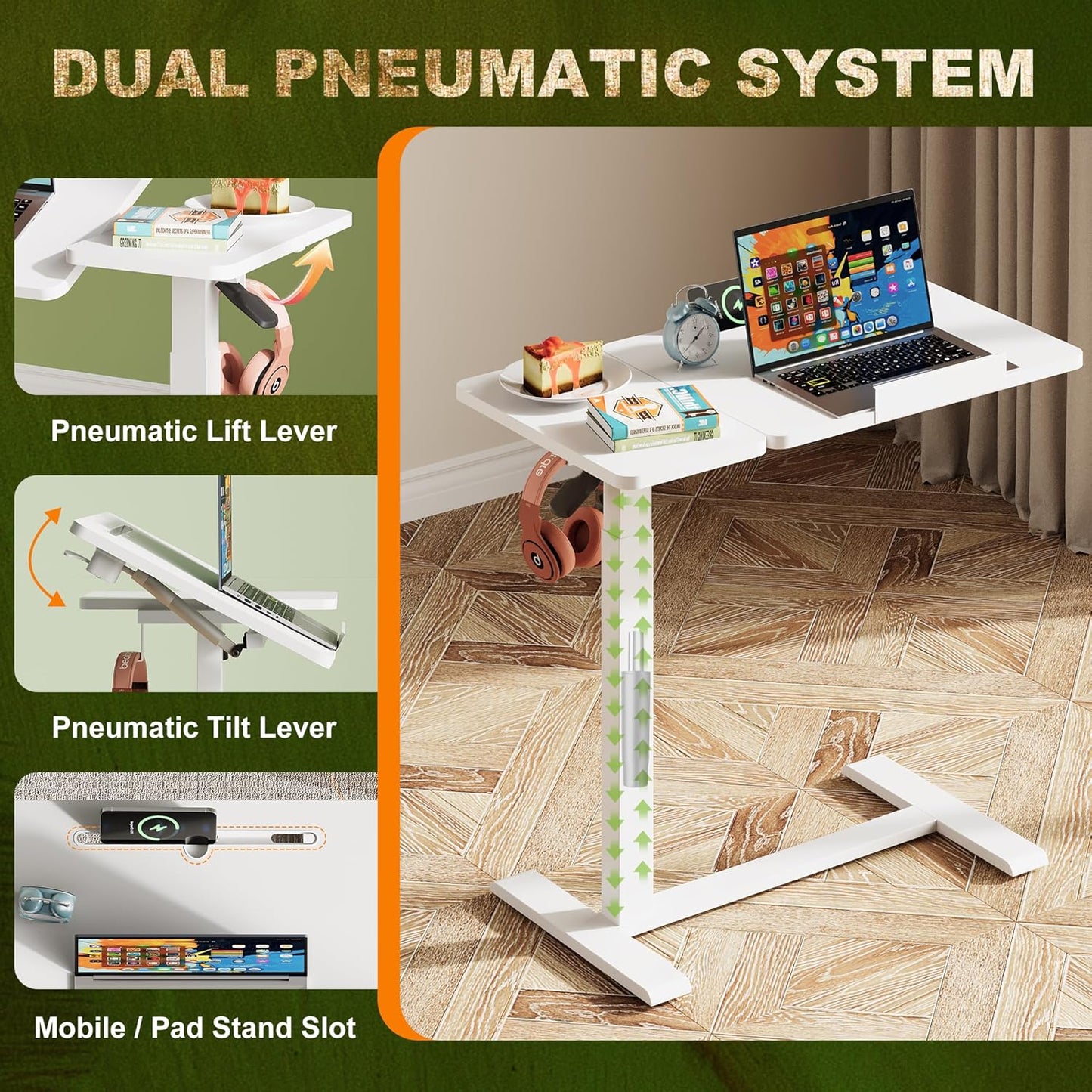 Standing Desk, Medical Overbed Table with Rolling Tray, Dual Pneumatic Angle and Height Adjustable Desk, Portable Side Table with Hidden Wheels, Home & Hospital Use, White