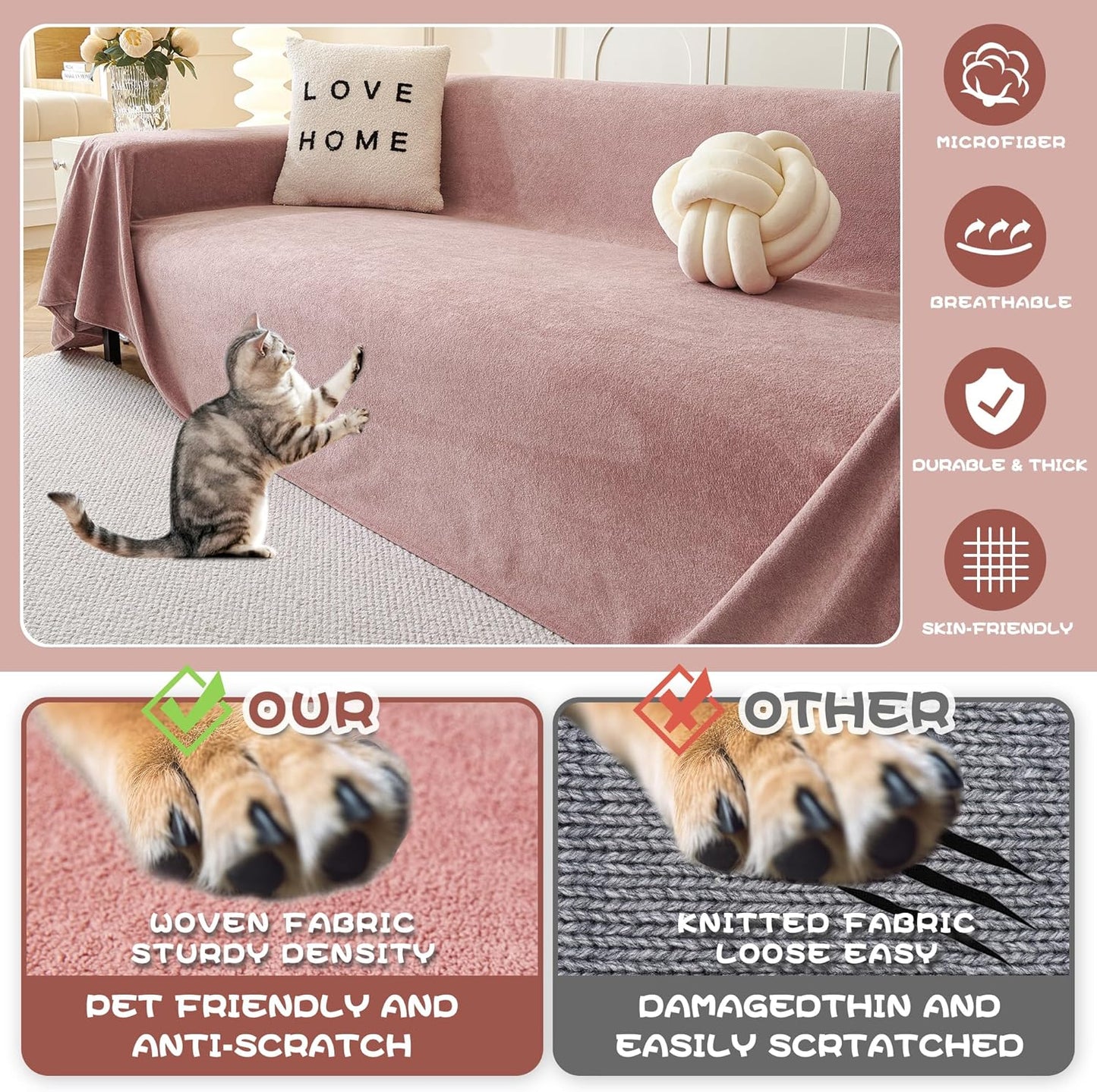 MYSKY HOME Pink Sofa Cover, Couch Covers for Pet Couch Cover Reclining Couch Covers, Covers for 3 Cushion Couch, Thick Durable Washable Sofa Covers for Furniture Couch Cover, 91" x 134"