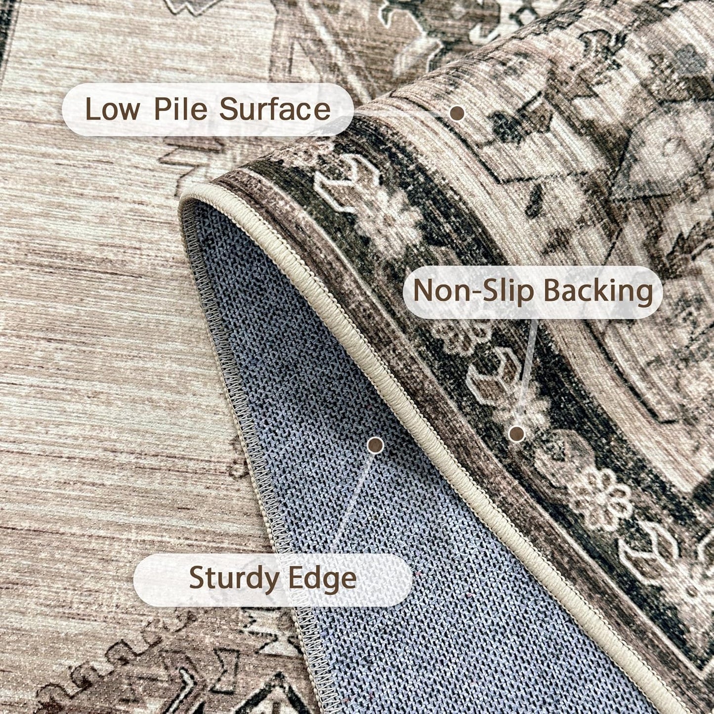 2X5 Area Rugs Machine Washable Rugs for Living Room, Vintage Boho Large Rugs for Bedroom Dining Room, Non Slip Indoor Soft Distressed Lightweight Thin Low Pile Carpet, Beige