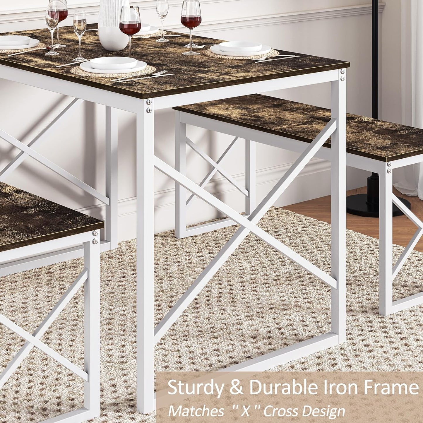 VECELO Kitchen Table with 2 Benches for 4, 43.3'' Wood Dining Room Dinette Sets with Metal Frame for Breakfast Nook and Small Space, Dark Brown