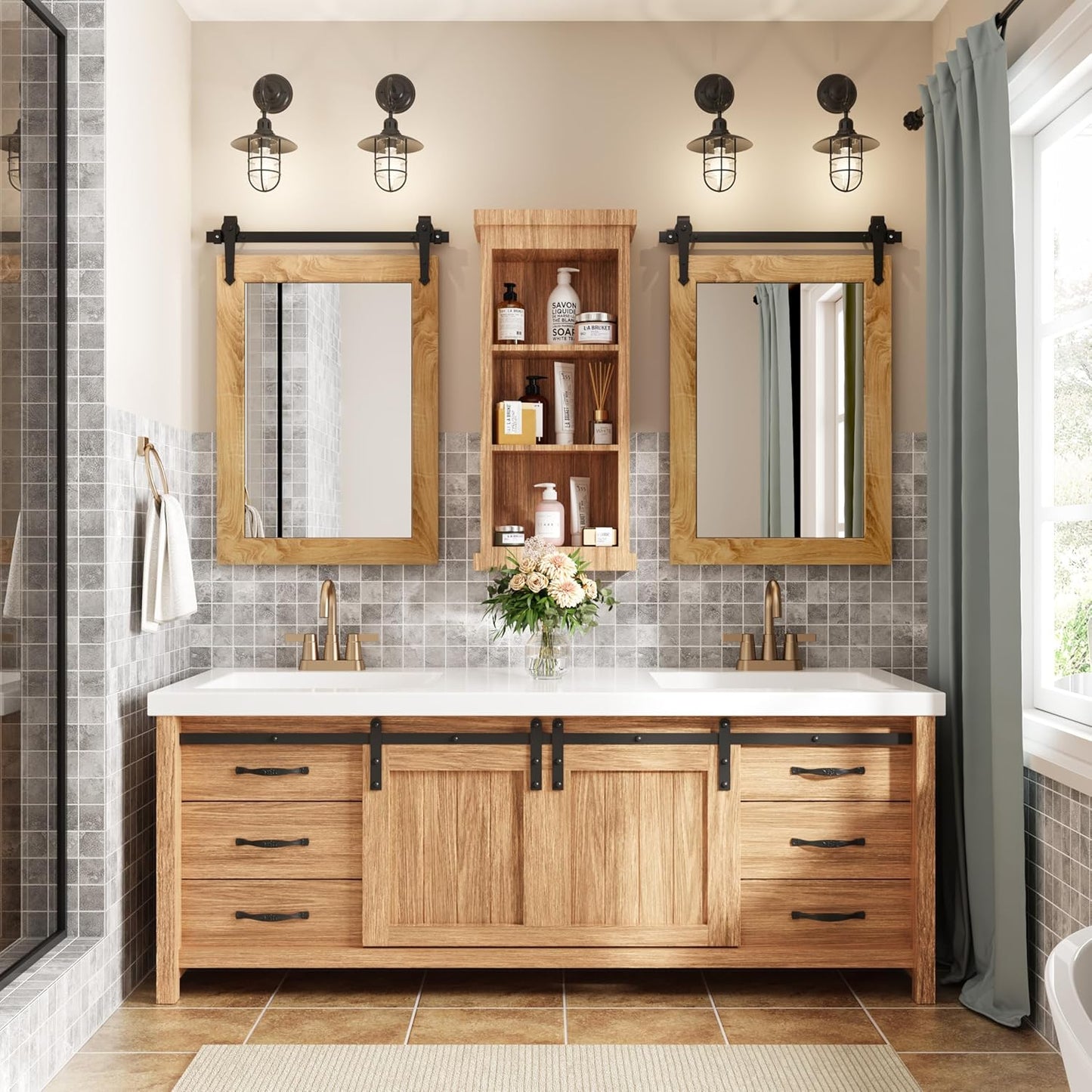 Farmhouse Barn Door Mirror 22”x32” Rustic Decorative Vanity Mirrors Wall Decor Mirror for Bathroom Living Room Entryway