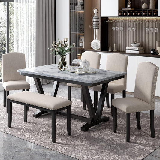 Ball & Cast 6 Piece Dining Table Set with 4 Chairs & 1 Bench,Living Room Furniture W/ 60" Rectangle Marbled Veneers Tabletop Kitchen Desk,for Restaurant,Home Bistro,White