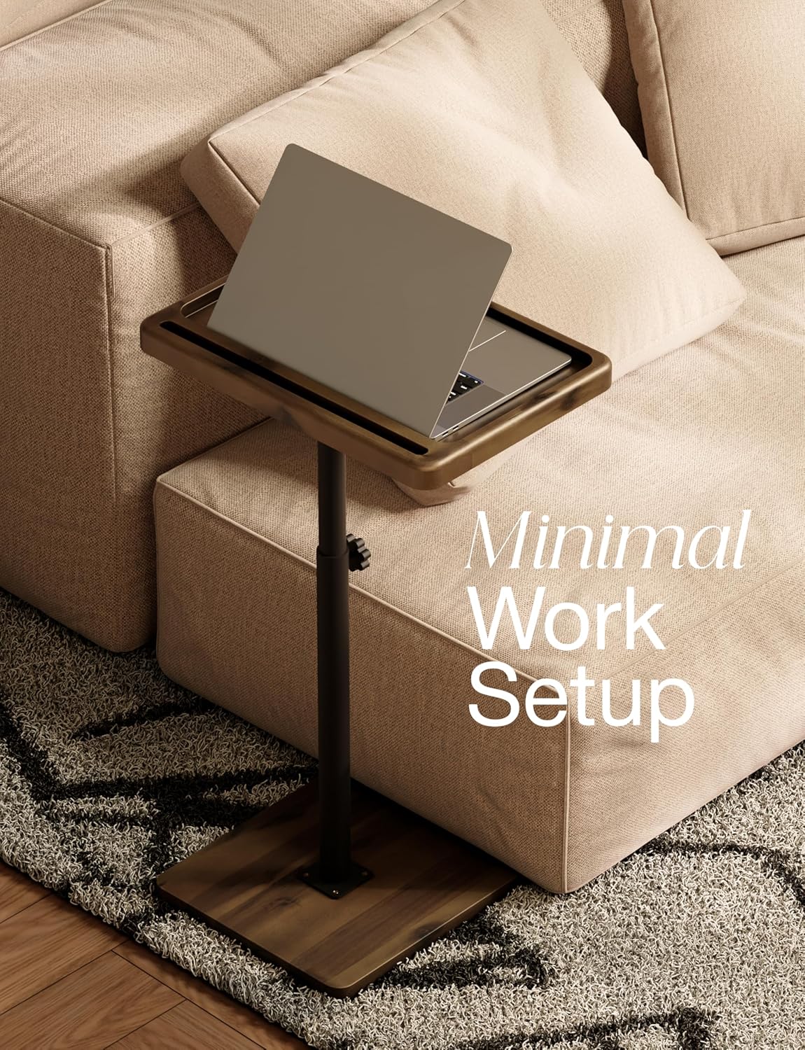 HOLANA Acacia Wood Adjustable C-Shaped Couch Table – 360° Swivel Side Table for Sofa - Small End Table for iPad, Laptop, or TV Tray – Eating Trays for Living Room or Bedside Use (Walnut)