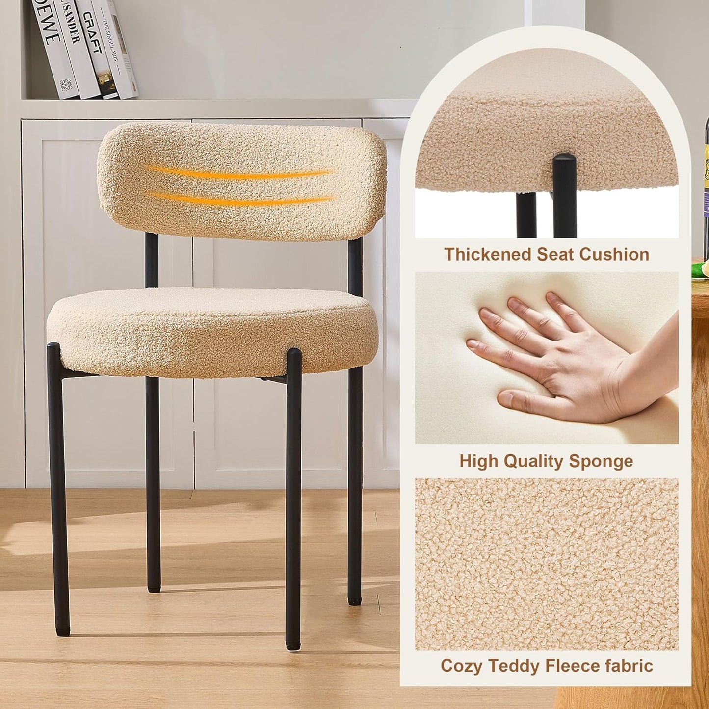 Boucle Dining Chairs, Kitchen Dining Room Chairs Curved Backrest Upholstered Mid Century Modern Dining Chairs (Beige, 2pcs)