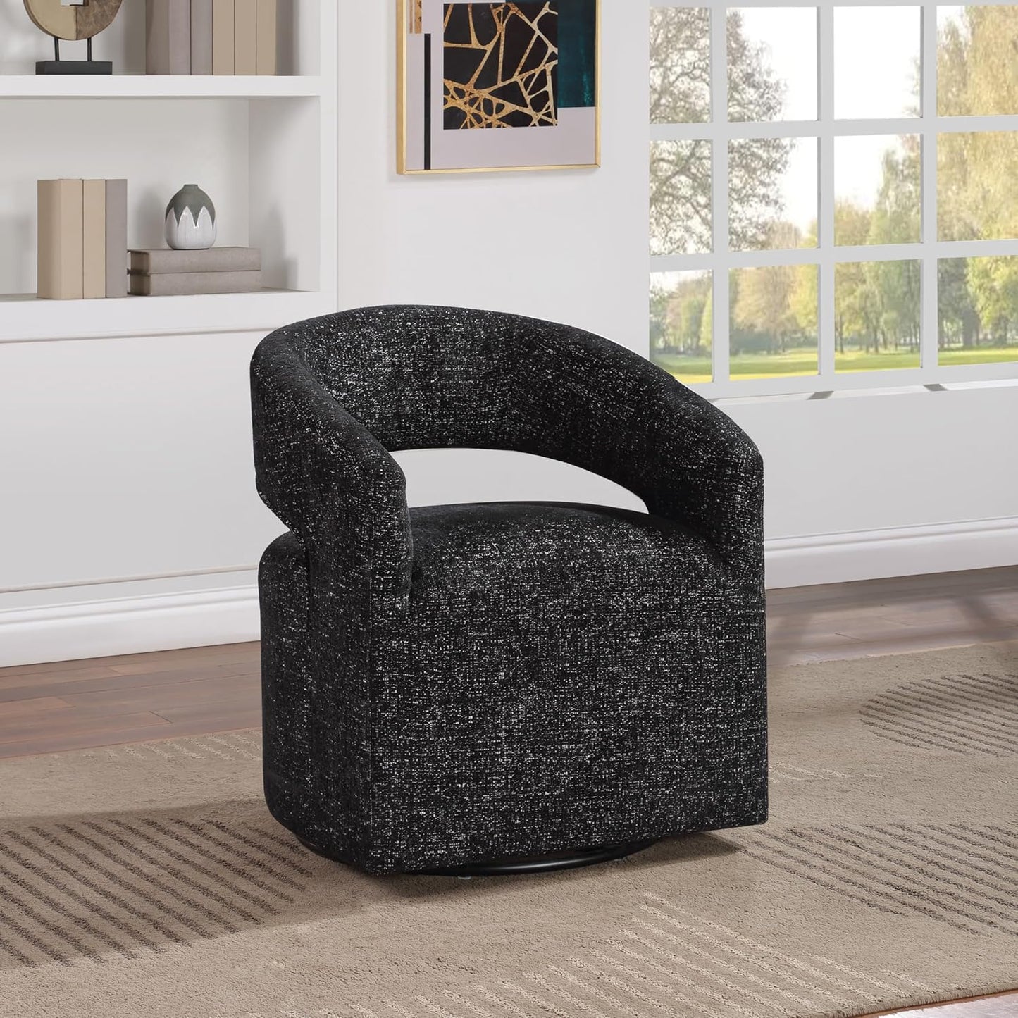 OSP Home Furnishings Devin Modern Upholstered Swivel Accent Barrel Chair, Midnight