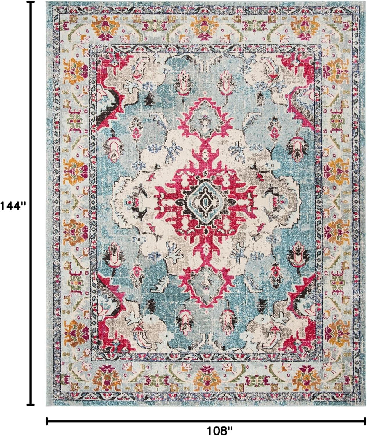 SAFAVIEH Monaco Collection 9' x 12' Light BlueFuchsia MNC243J Boho Chic Medallion Distressed Non-Shedding Living Room Bedroom Dining Home Office Area Rug