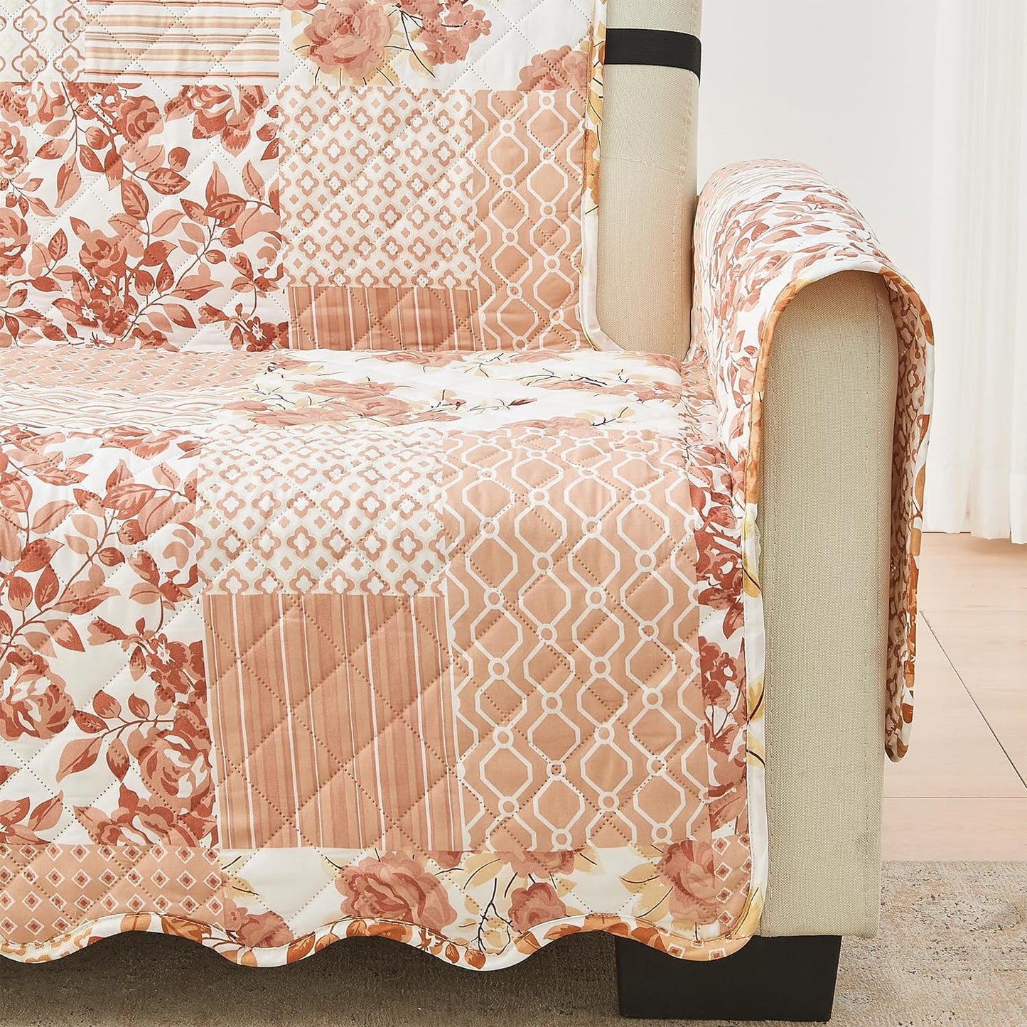 Great Bay Home Reversible Patchwork Sofa Cover - Washable Slipcover Furniture Protector with Elastic Straps - Couch Cover for Dogs, Kids, and Pets - Box-Stitched Detail (Sofa, Dusty Rose)