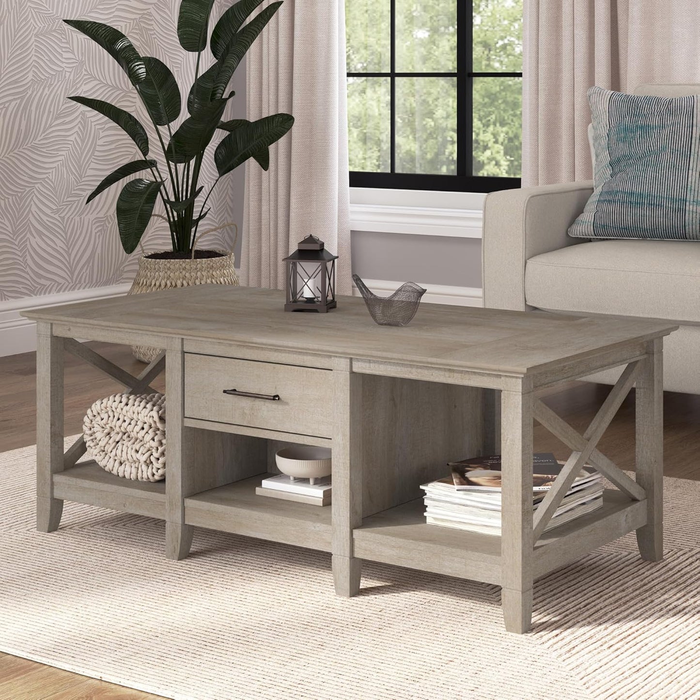 Bush Furniture Key West Coffee Table with Storage in Washed Gray