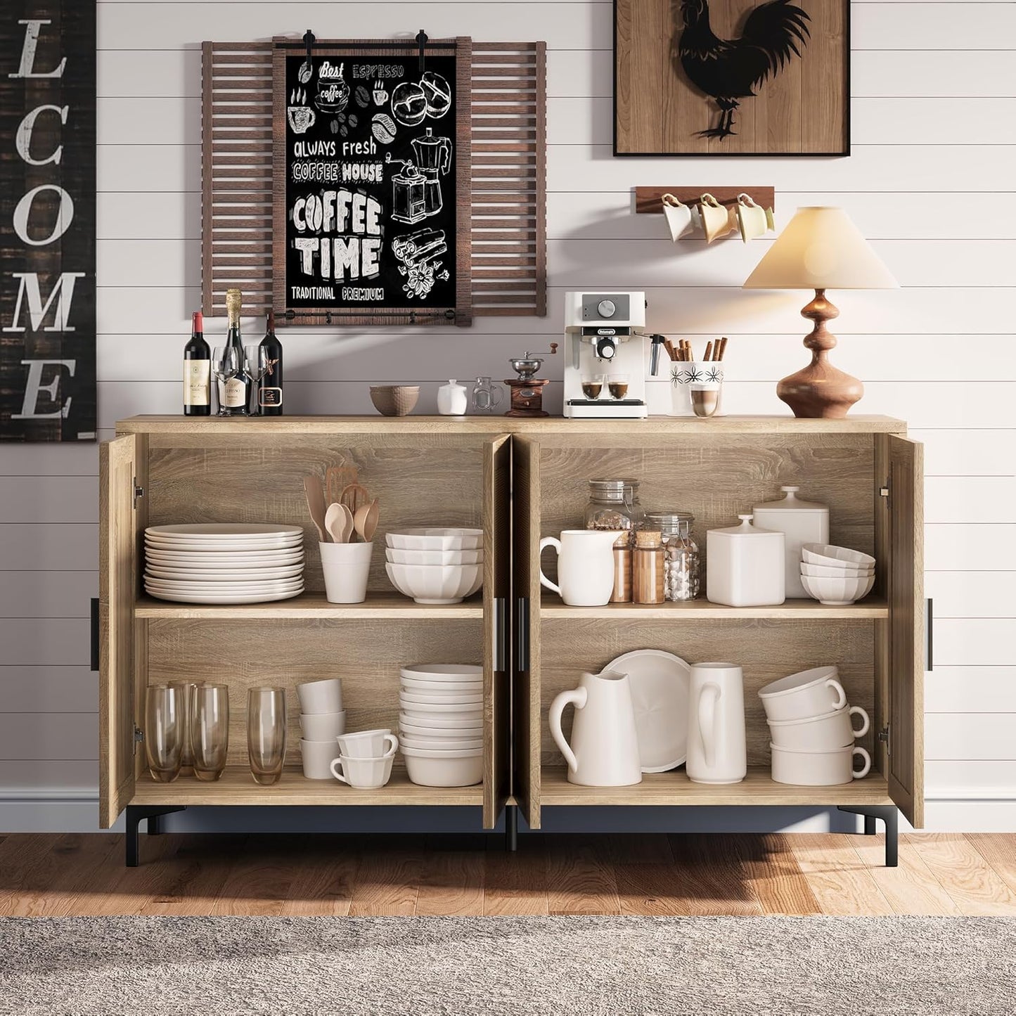 Sideboard - Kitchen Buffet Cabinet with Rattan Decorated Doors, Accent Cabinets with Doors, Coffee Bar Cabinets Rattan Sideboard Buffet Cabinet with Storage (Natural with 4 Doors)