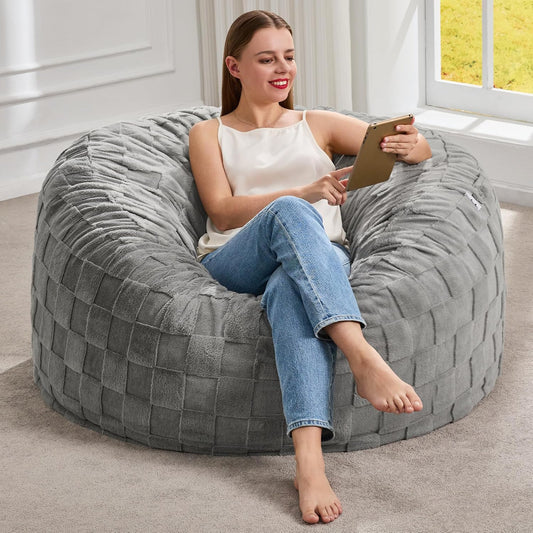 Hobestluk Bean Bag Chairs Beanbag Chair with Filler Adult Bean Bags with Fluffy Plaid Cover, Giant Bean Bag Chairs for Adults for Living Room, Bedroom (Grey, 3FT - 36” x 36” x 22”)