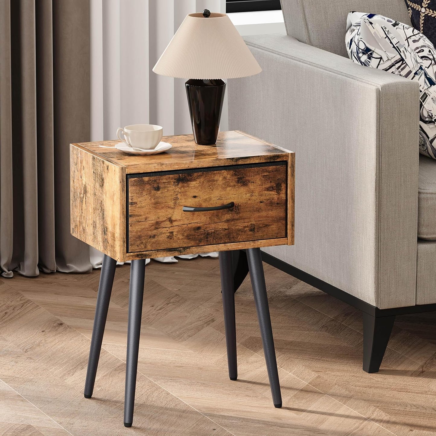 Small Nightstands Set of 2, Bedside Table with Fabric Drawer, Idustrial End Table with Metal Leg, Couch Side Table for Bedroom Living Room, Sofa, Office Rustic Brown LNT504R