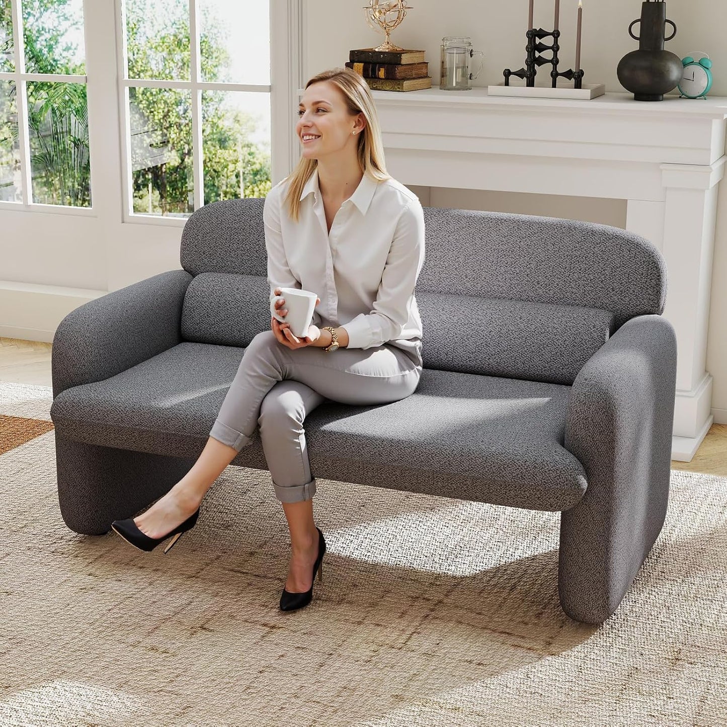 Furnimart Modern Loveseat Sofa, 54" 2-Seater Boucle Sofa, Comfy Upholstered Minimalist Couch, Small Couches for Small Spaces, Apartment, Office, Living Room, Bedroom, Dorm, Chenille Grey