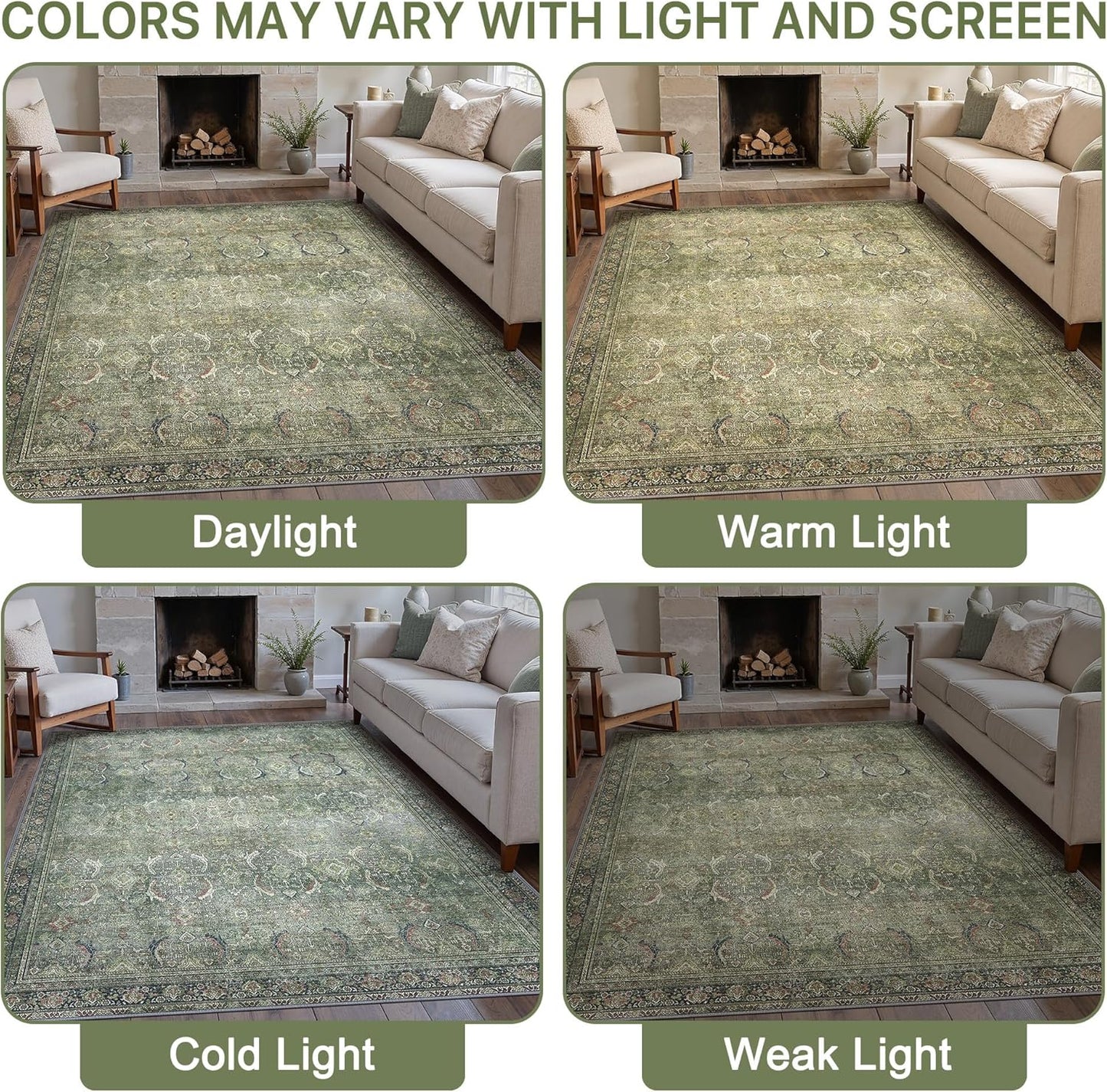 10X14 Area Rugs Machine Washable Rugs for Living Room, Vintage Boho Large Rugs for Bedroom Dining Room, Non Slip Indoor Soft Distressed Lightweight Thin Low Pile Carpet, Green