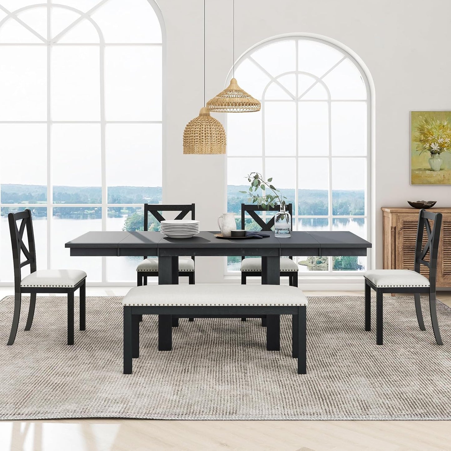 Ball & Cast Farmhouse 6 Piece Extendable Dining Table with Footrest,Living Room Furniture w/ 4 Upholstered Dining Chairs & Dining Bench,2 11" Removable Leaf,for Dining Room & Kitchen,Black+Beige